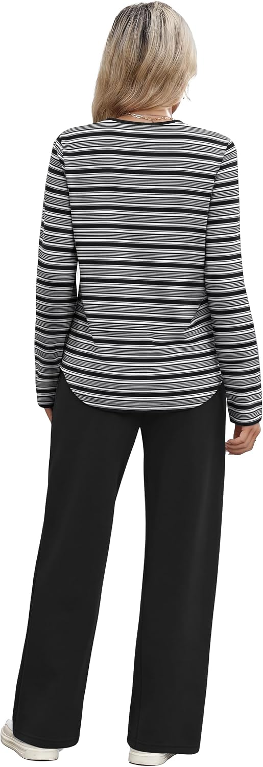 WIHOLL 2 Piece Sets for Women 2026 Lounge Long Sleeve Shirts Wide Leg Pants image 5