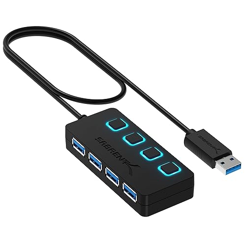 SABRENT USB Hub 4 Port Fast 5Gbps USB Splitter 3.2, with LED Switches, 68CM (2ft) Cable, Slim & Portable for Mac/PC (HB-UM43) - 4 Port
