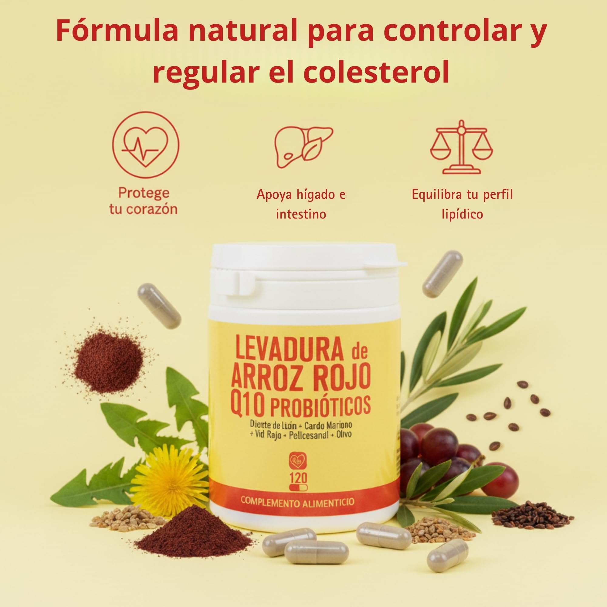 EUROPEA levadura de arroz rojo con Q10 y monacolina k - Arroz rojo colesterol capsulas con Diente de león Cardo mariano y probióticos que ayudan al hígado e intestino - red yeast rice coq10