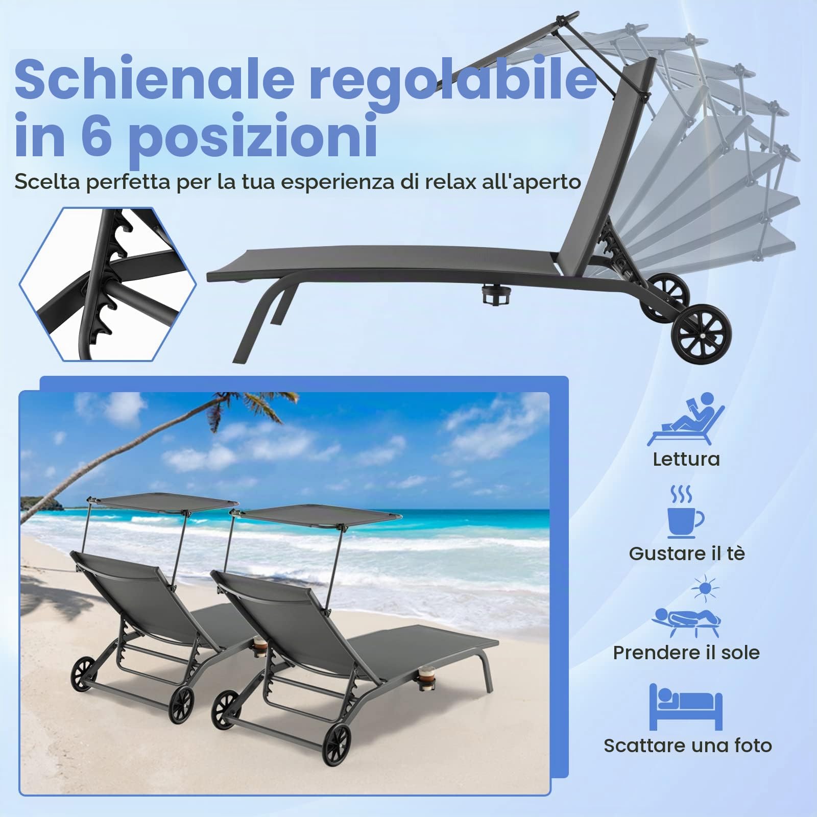 Giantex Lettino Pieghevole Prendisole, Sdraio Pieghevole con Schienale in 6 Posizioni, Chaise Longue Reclinabile con Ruote e Portabicchieri, Per Esterno, Giardino, Piscina e Spiaggia, Balcony