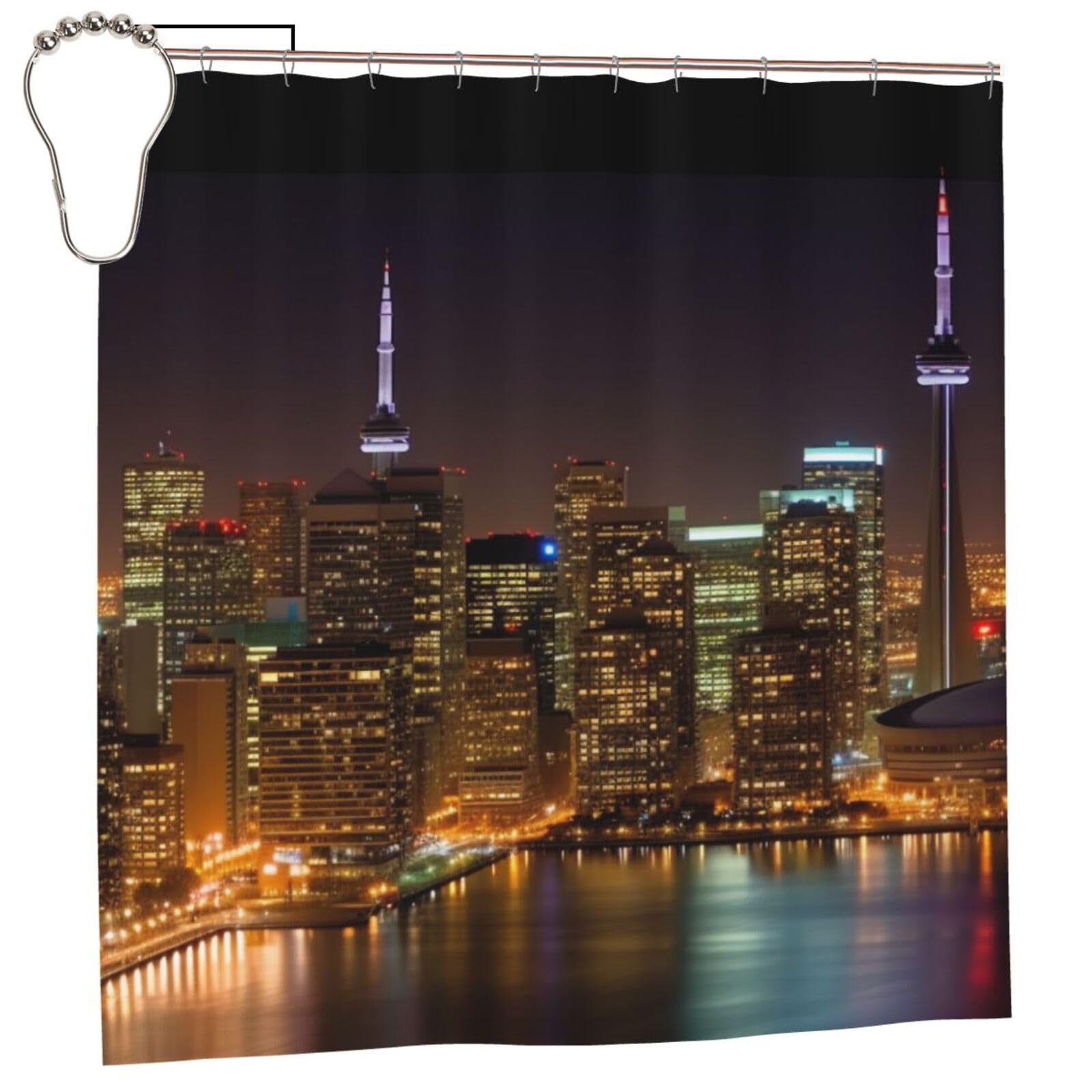 BWWHCCTI Cityscape Night Canada Printed Shower Curtain With 12 Iron Hooks Opaque Quick Drying Waterproof Shower Curtains Sets For Bathroom 183x183 CM