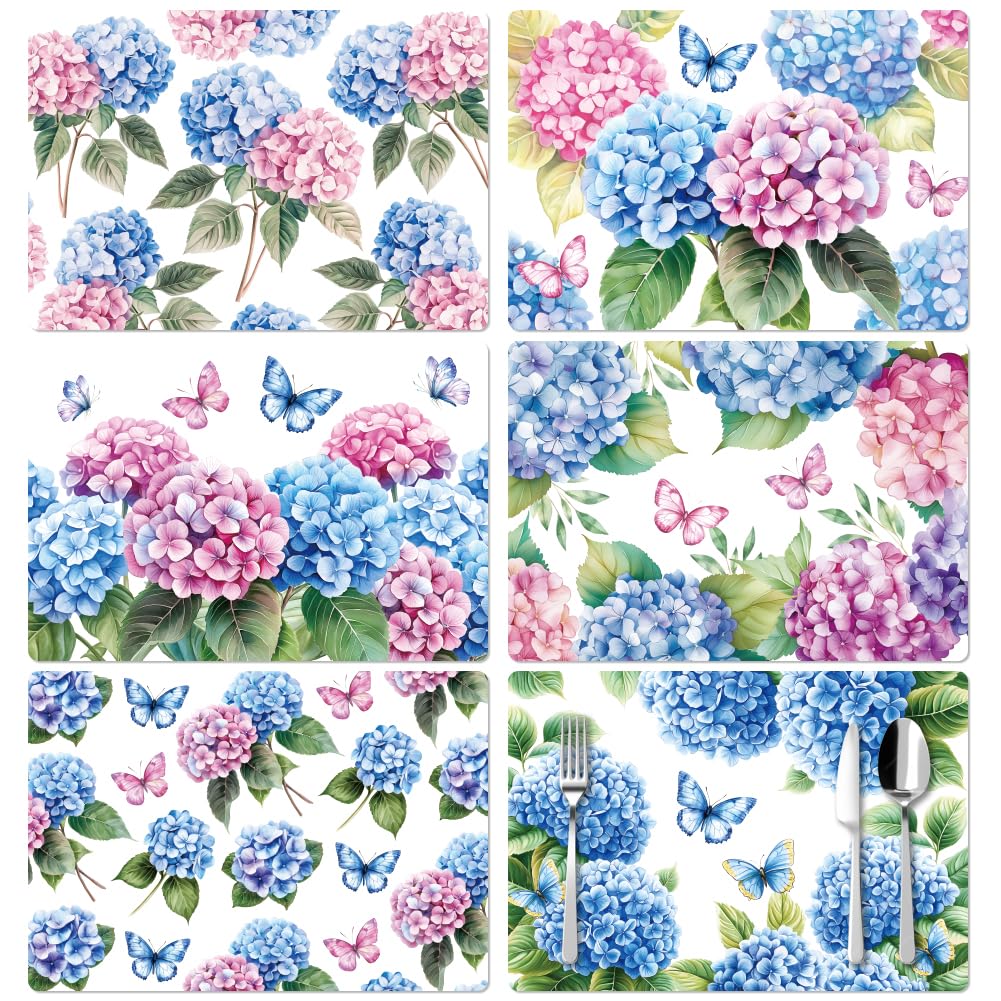 Peacoblue Floral Placemats Set of 6 Hydrangea and Butterflies,12"x17" Waterproof Washable Table Place Mats for Indoor Outdoor Farmhouse Party Kitchen Dining Table Decoration