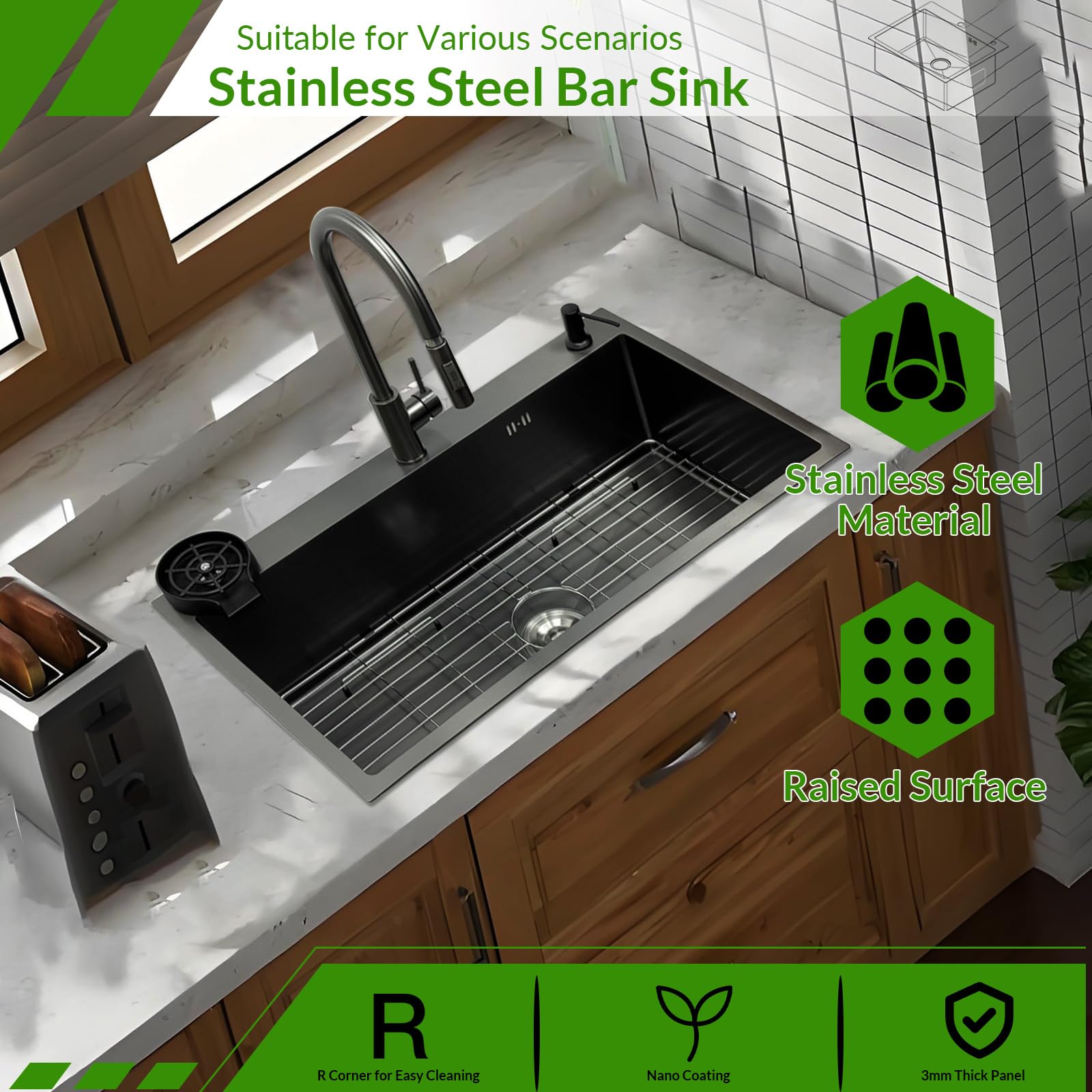 85x50cm Acciaio Inox Lavello Cucina 1 Vasca Grigio Nero, Con Griglia In Acciaio Inox Nano, Lavabo Cucina con 3 Fori Scolapiatti da Appoggio con Rubinetto, con Dispenser Sapone Da Appoggio