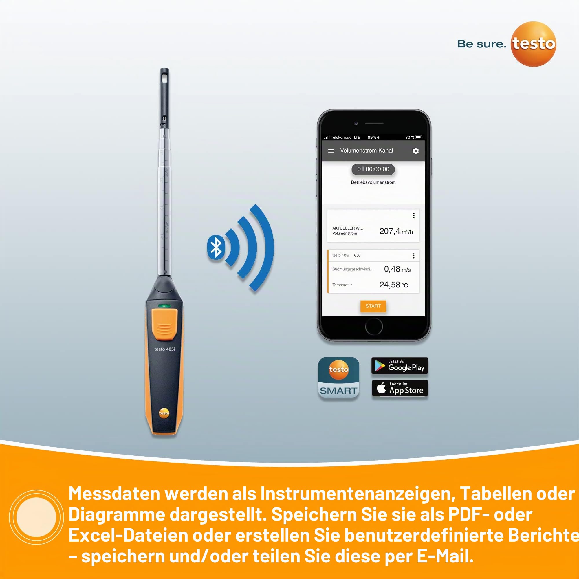 Testo 405i. Anemometer, bis 30m/s 60°C max.Temp., 0.01m/s, Luftgeschwindigkeit Temperatur, Typ NTC, Hitzedraht