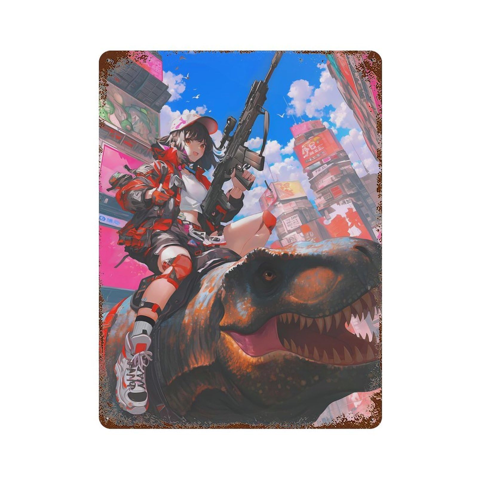 Urban Dino Rider Anime Retro Metal Sign 15.7"x11.8", Ideal for Basement, Hobby Room And Garage Decor