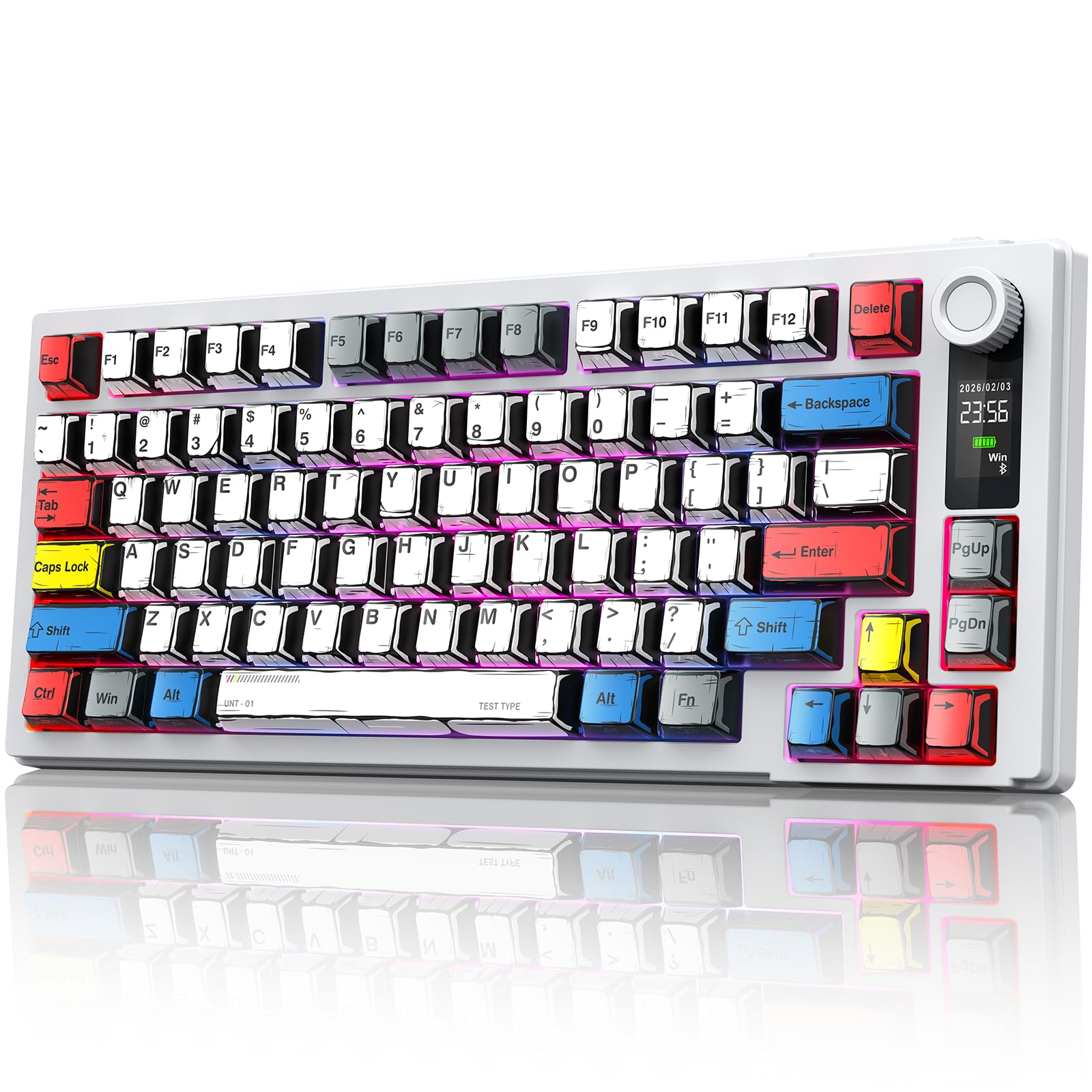 MOKURU Wireless Mechanical Keyboard, Three Mode BT/2.4G/USB-C, RGB Switching, 75% Key Layout, Volume Adjustment knob, Hot Swappable Shaft Seat, Compatible with Windows, Mac (Comic PBT)