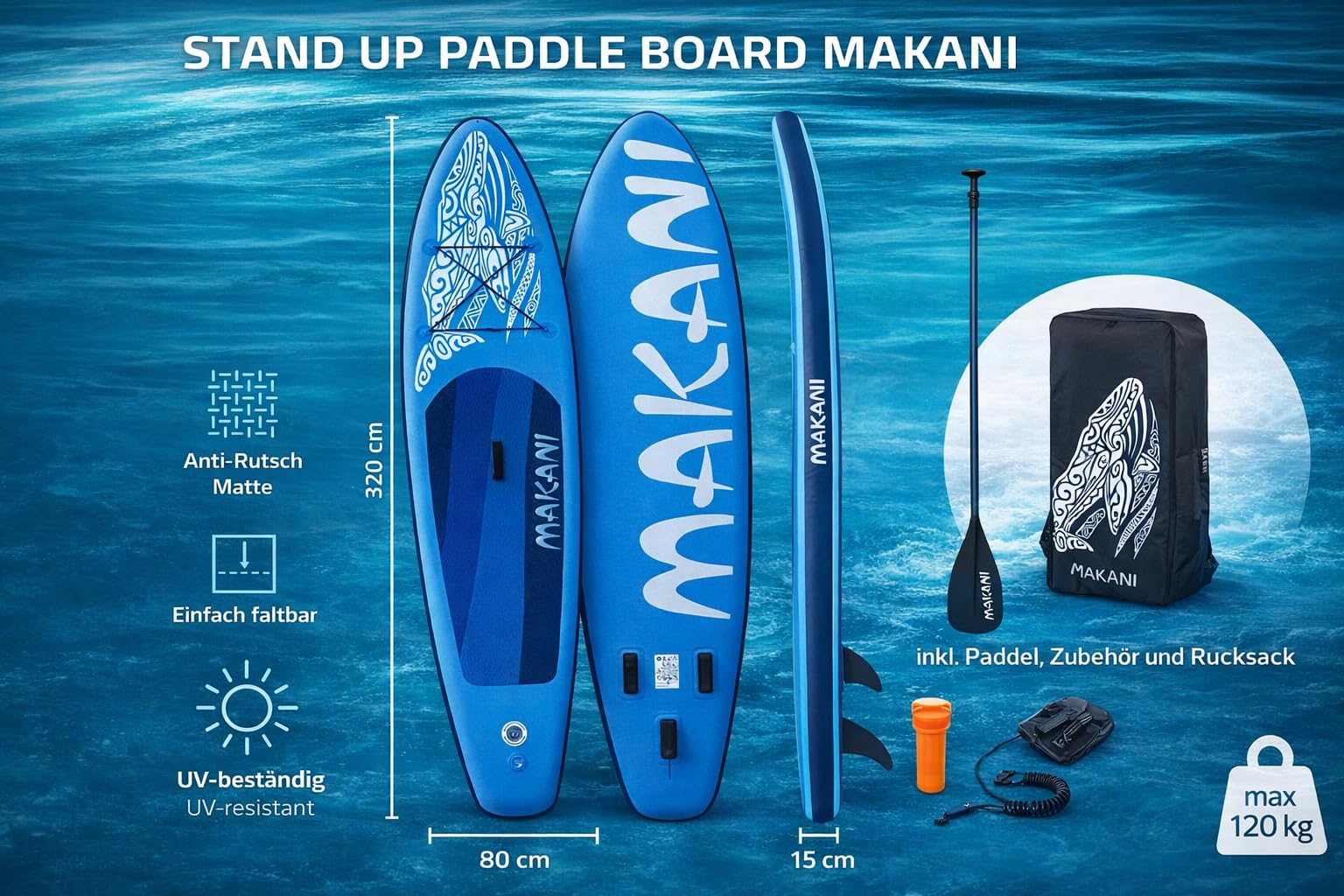Tavola gonfiabile SUP 320 cm – Paddleboard fino a 120 kg – Stitch a 2 strati – Include pagaia in alluminio, pompa, borsa e accessori – EVA, antiscivolo, blu