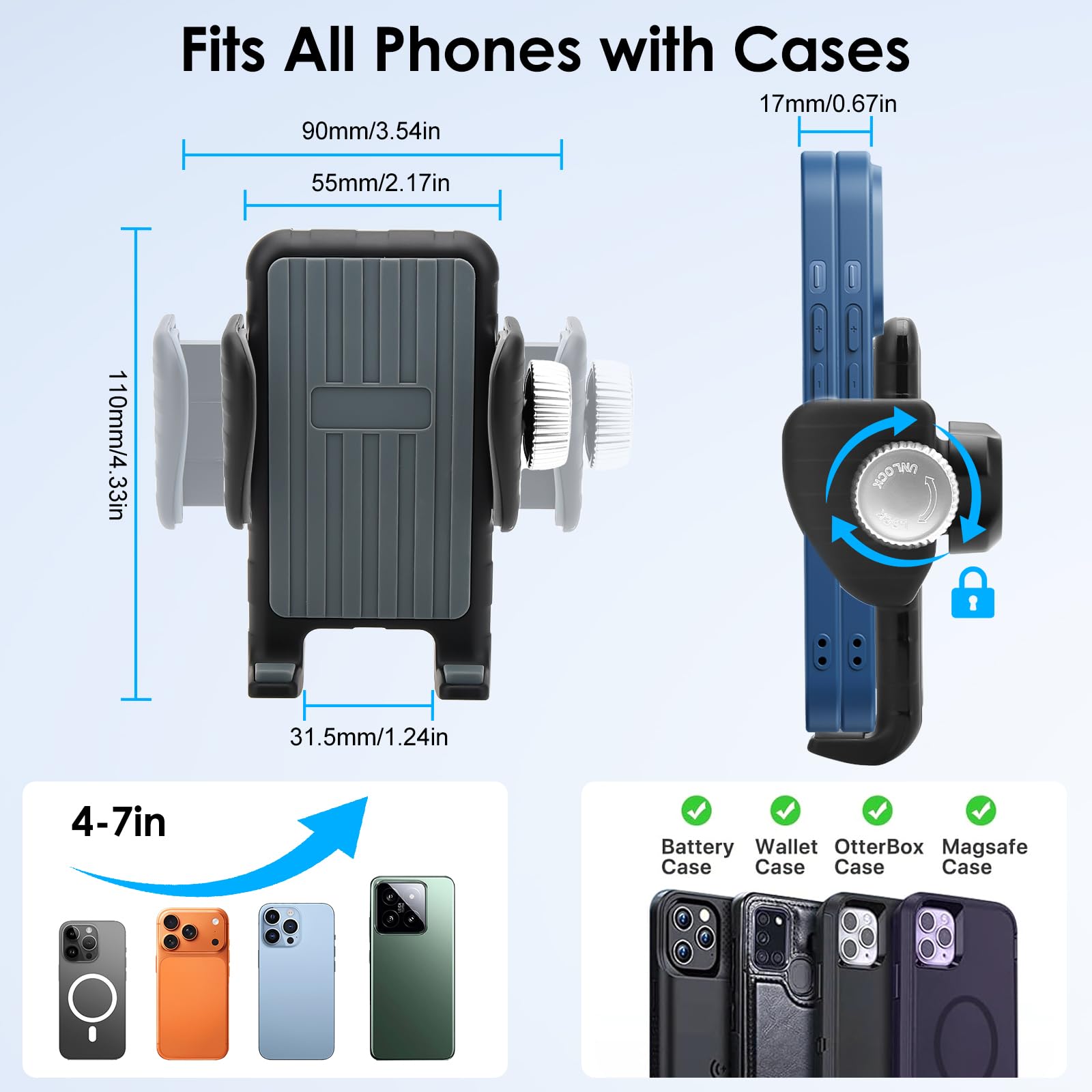 EEEKit Support de téléphone col de cygne pour vélo, rotation à 360°, support de téléphone pour vélo, poussette, fauteuil roulant, support de micro, compatible avec smartphones de 4 à 7 pouces
