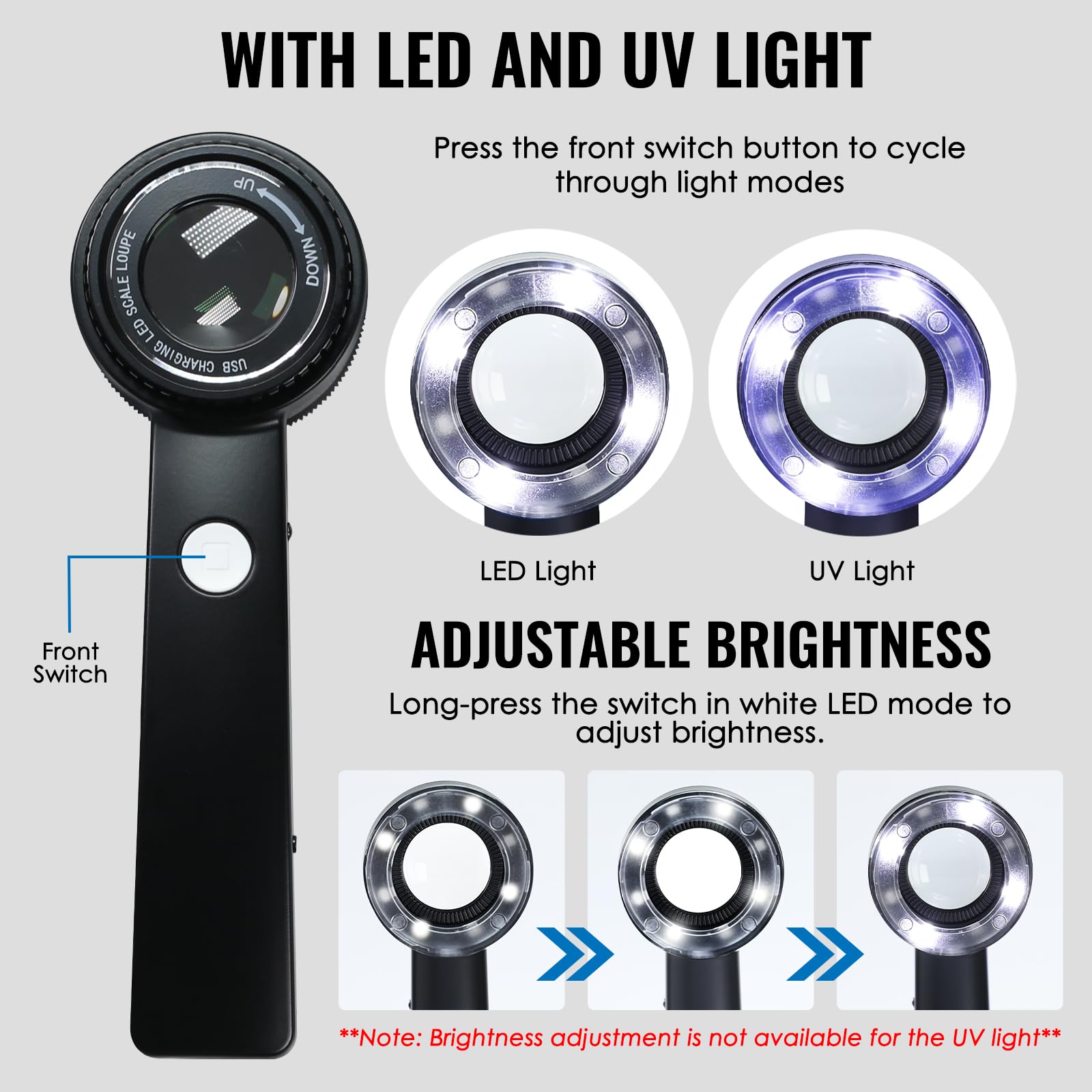 10 lupas de joyería con luz LED/UV, lupa recargable USB-C con cristal óptico K9, iluminación tricolor, escala extraíble, lupa profesional de joyería para monedas, sellos, electrónica