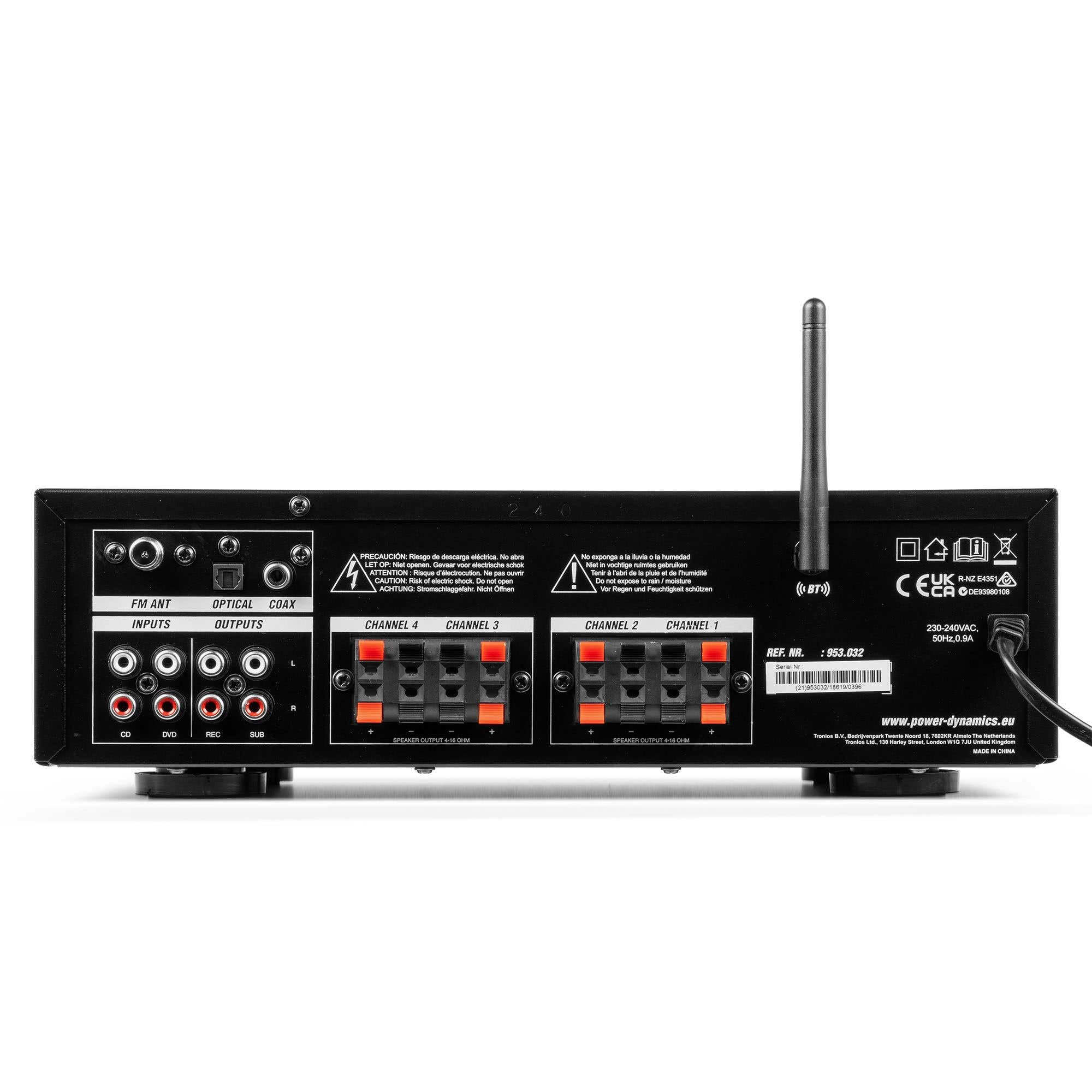 Power Dynamics Sistema de Sonido de 4 Zonas – Amplificador 400W Bluetooth, MP3 USB, FM + 8 Altavoces Blancos IPX5 Interior/Exterior con Radiador Pasivo, Soportes de Montaje y 100m de Cable