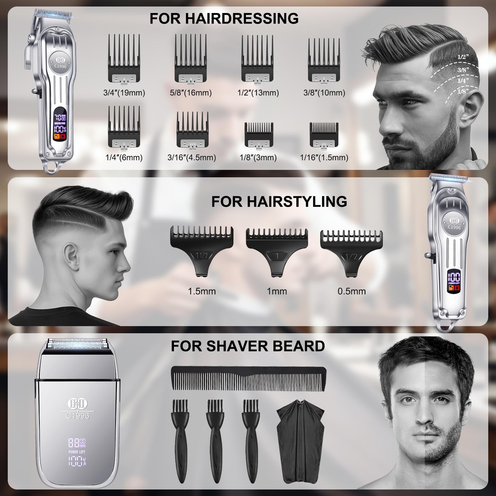 CIICII Tagliacapelli Uomo Professionale e Trimmer Capell, Kit Senza Fili con Macchinetta per Capelli (Rasoio Elettrico Barba & Taglia Capelli per Uomo) Tagliacapelli DIY Salone di Bellezza a Casa