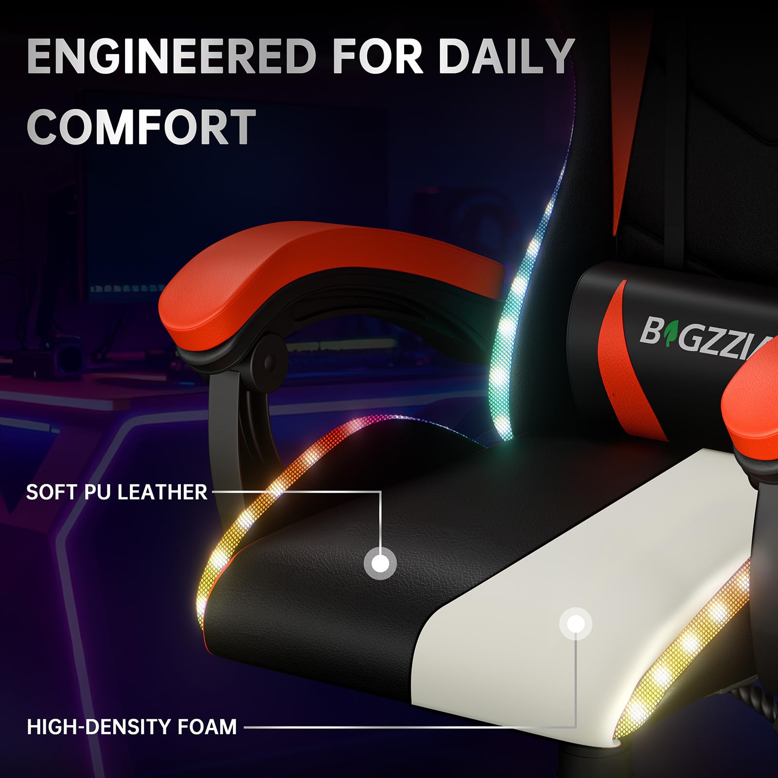 Silla para videojuegos con iluminación LED, silla ergonómica con luz RGB, reposacabezas ajustable y soporte lumbar, piel sintética, silla de oficina, altura e inclinación ajustable (negro y rojo)