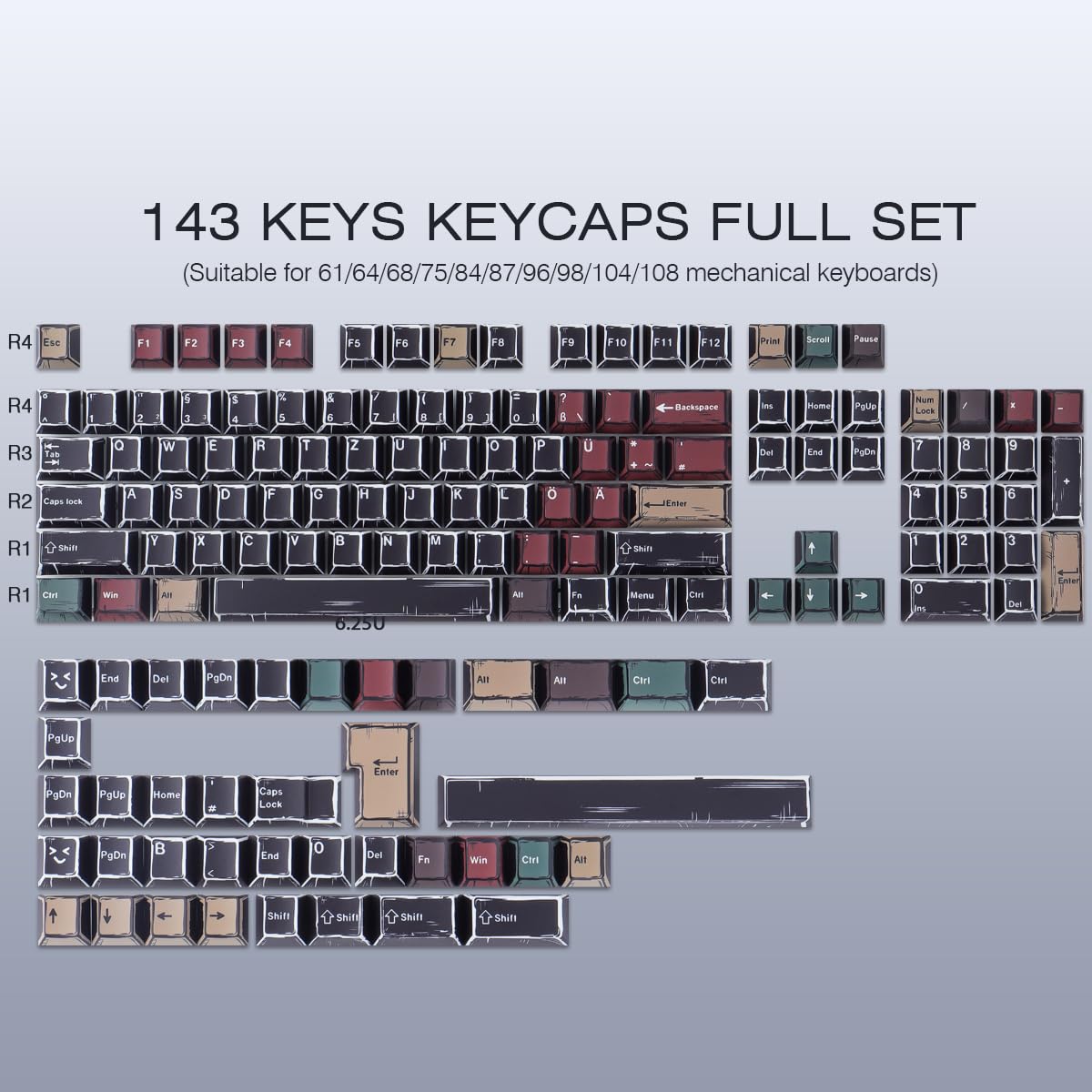 PBT ISO Keycaps 132 Keys Japanese Manga Keycaps, Manga Mixed Light Black Cherry Profile Dye Sub Custom Keycap for Cherry MX Switch German QWERTZ Layout Meccanical Keyboards