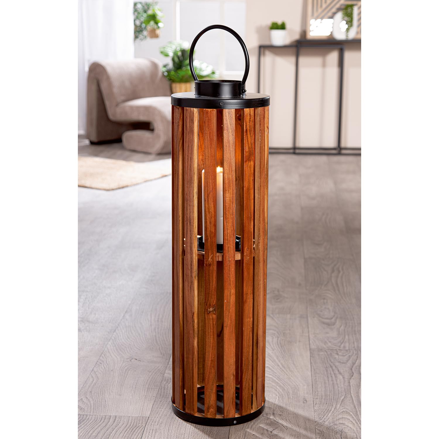 GILDE Świecznik Ambia z drewna – cylindryczny – wysokość 82 cm x Ø 24 cm – brązowy/czarny – latarnia