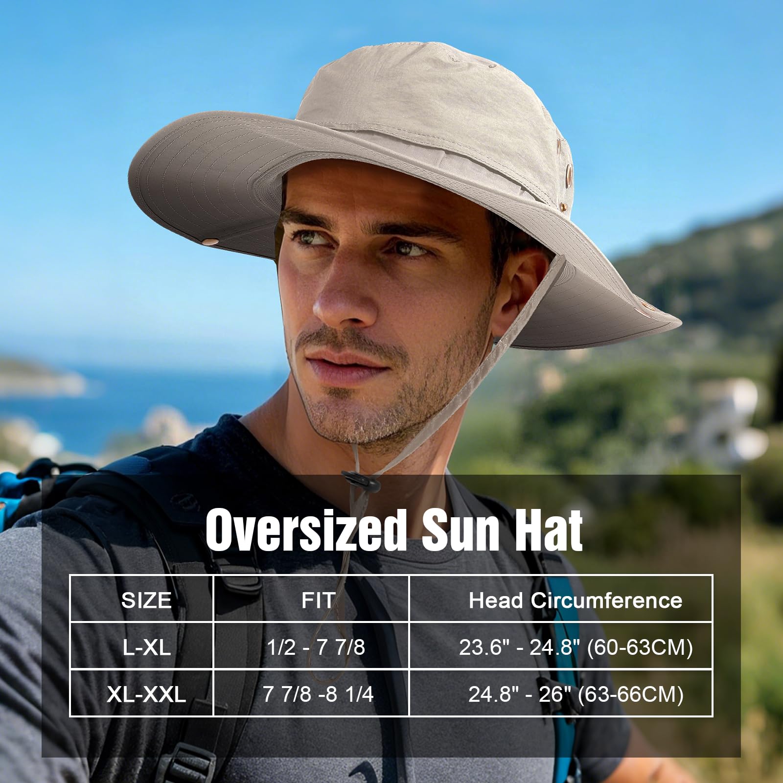 Cappello da Pescatore Taglie Forti XL XXL per Uomo, Tesa Larga Leggero Traspirante UV Cappelli da Sole Estiva, UPF50+ Impermeabile Asciugatura Rapida Pieghevole Bucket Hat Boonie Cappello Safari