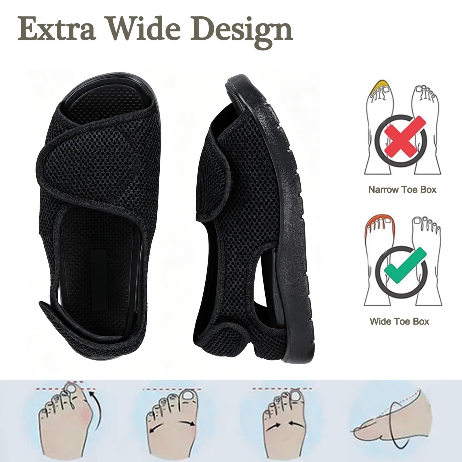 Gaatpot Sandali per Diabetici Donna Scarpe Ortopediche Uomo Larghi a Strappo Sandali Riabilitativi Regolabili Apertura per Piedi Gonfi Nero EU40