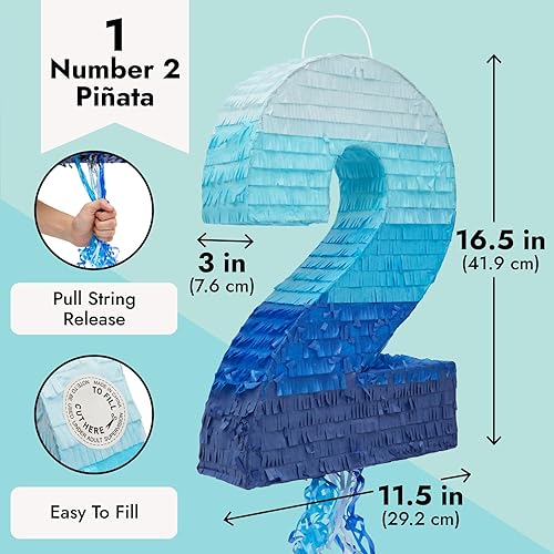 Miniatura 25 de BLUE PANDA Piñata de cuerda número 5 – Azul degradado, 16.5 x 11.6 pulgadas – Piñata para niños de 5 años, decoraciones de 5º cumpleaños para niños