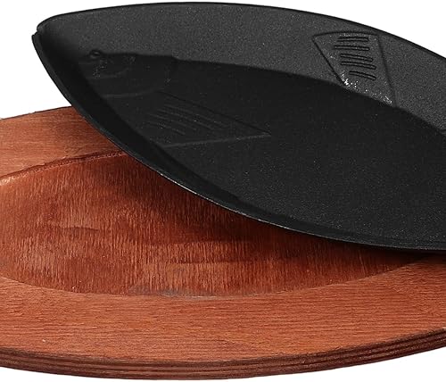 Miniatura 8 de Angoily Sartenes de hierro fundido, plato chisporroteador, sartén pequeña para pescado con base de madera para restaurante, cocina, parrilla,