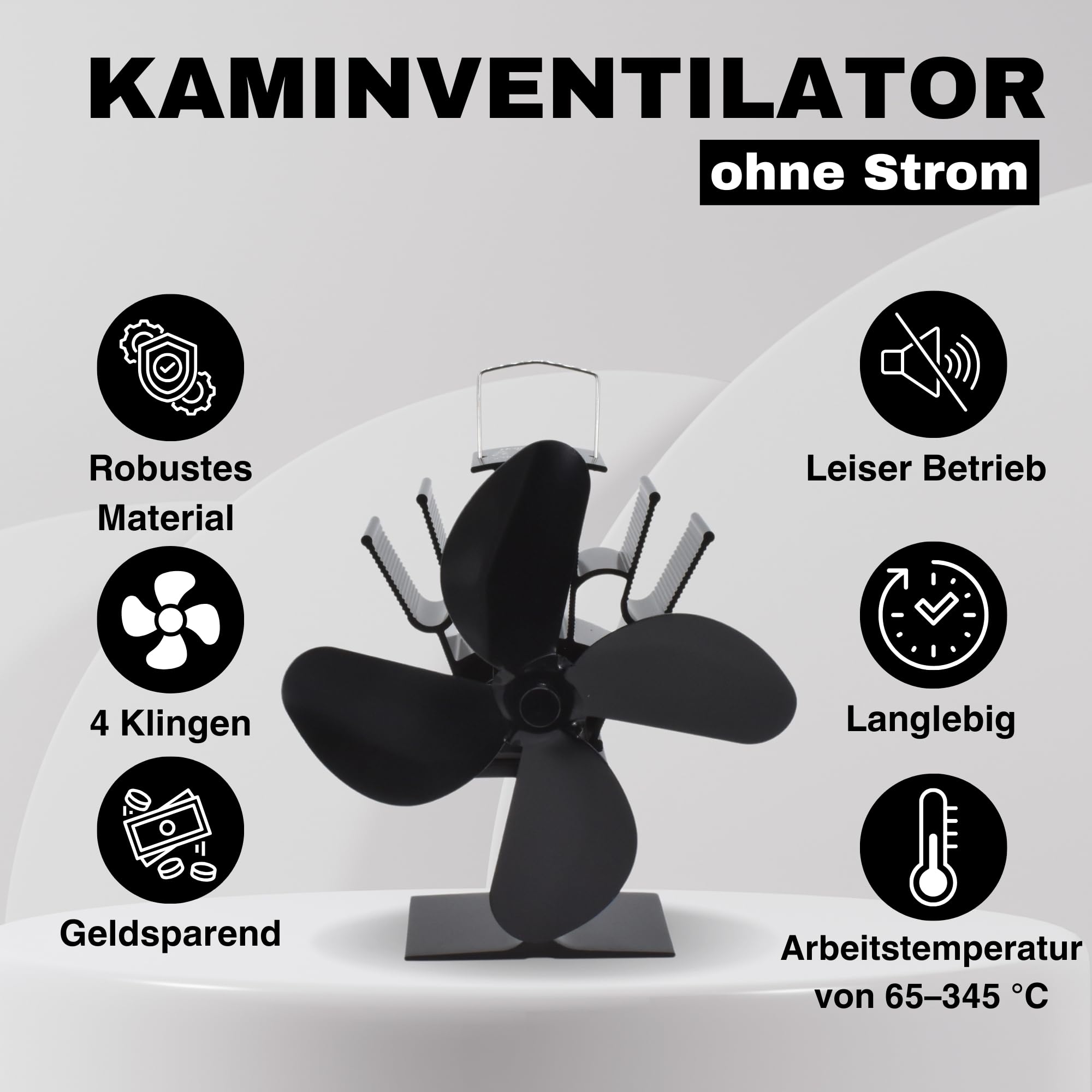 Kaminventilator 4 Klingen Kamin Ventilator stehend Ofenventilator ohne Strom geräuscharm & ökonomisch für Holzöfen & HL Kauf-Block