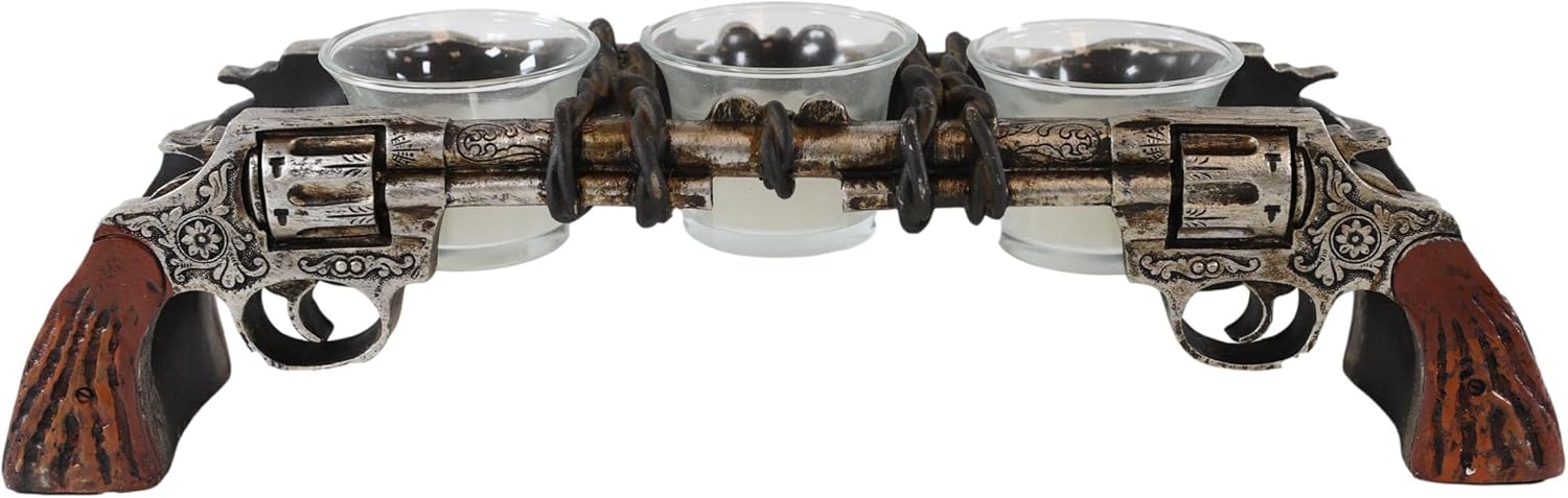 Ebros Gift Rustic Old World Western Cowboy Dual Six Shooter Revolver Pistol Guns Votive Tea Light Candle Holder with 3 Glass Inserts Decorative Figurine Country Accent T-Lite Candleholders