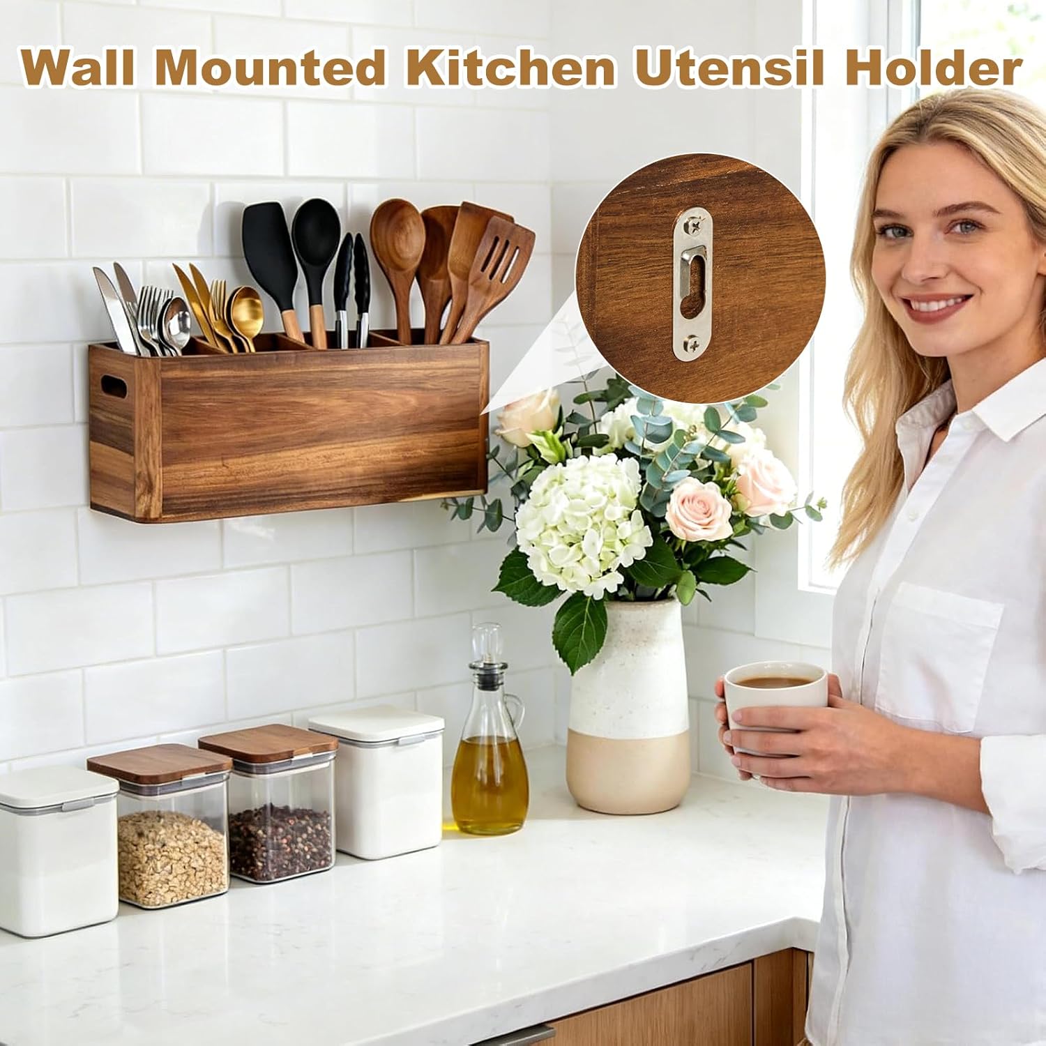 Utensil Holder, Kitchen Utensil Holder, Acacia Wooden Utensil Holder, Kitchen Utensil Holder for Countertop, Extra Large Utensil Holder for Storage Cooking Tools and Silverware with 4 Compartments