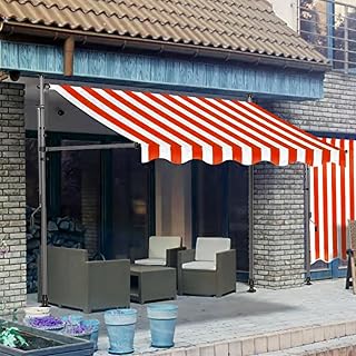 Retable Terrassenüberdachung für den Außenbereich, manuell, mit UV-Schutzwinkel und Höhe, kein Bohren erforderlich, 2 m, rot und weiß, Sonnenschutz für Garten oder Terrasse