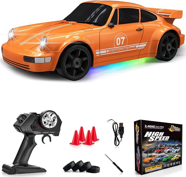 RC Drift Car 1:24 Remote Control Car 4WD 15KM/H High Speed Racing Sport Car with LED Lights RC Cars Toy Cars for Kids Boys Girls Adults Gifts Birthday Christmas Rechargeable Batteries (Orange)