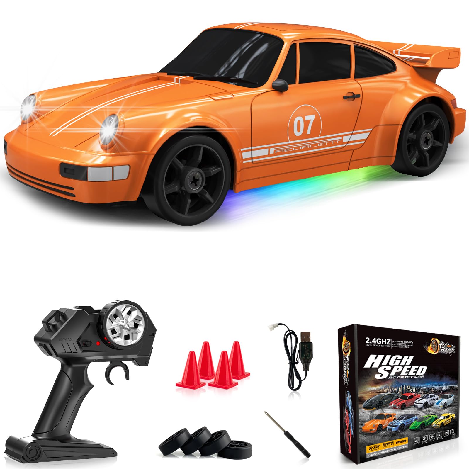 RC Drift Car 1:24 Remote Control Car 4WD 15KM/H High Speed Racing Sport Car with LED Lights RC Cars Toy for Kids Boys Girls Adults Gifts Birthday Christmas