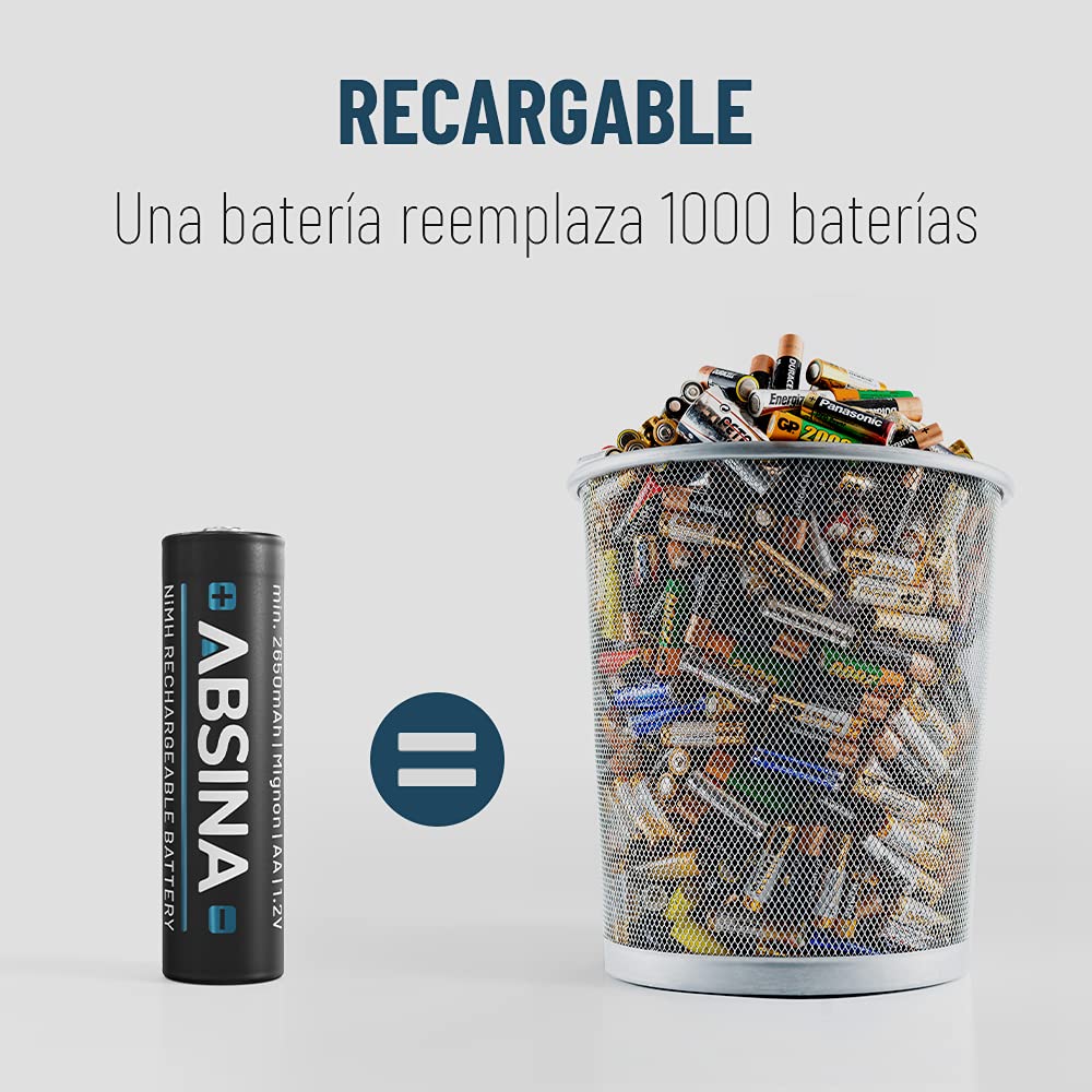 ABSINA Pilas Recargables AA 2900 NiMH 1,2V & mín. 2650mAh | Paquete de 32 - Pila recarregáveis para Dispositivos Alto Consumo - Bateria Recargable Wii y Controles Xbox