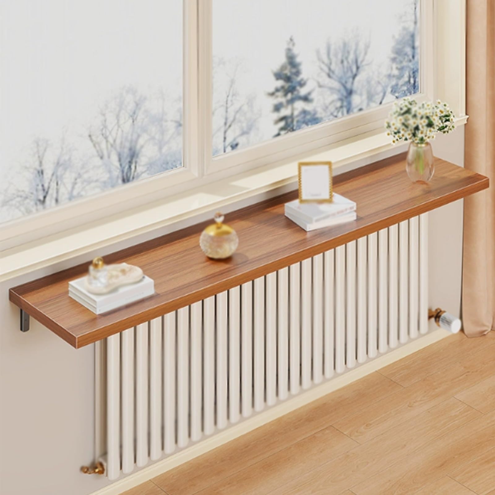 Cache-radiateur bois 40 x 30 cm avec étagère murale design, meuble de rangement de salon