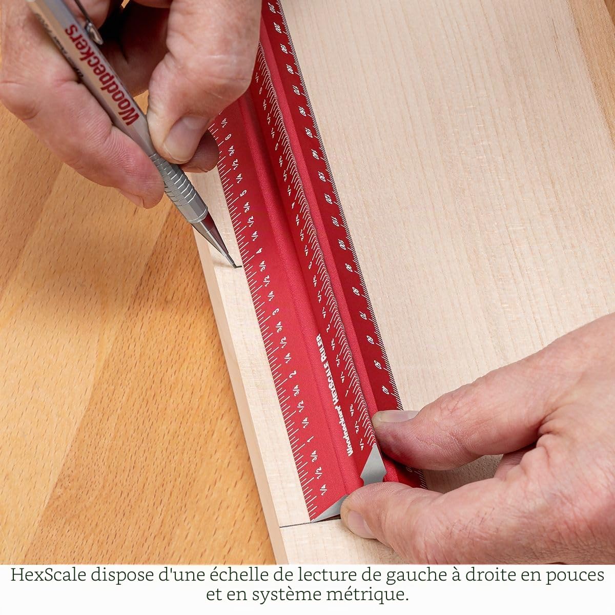Woodpeckers Règle hexagonale 6 en 1 de 150 mm pour le travail du bois avec arrêt, pouces, échelles métriques et de centrage, mesure R2L et L2R, style architecte