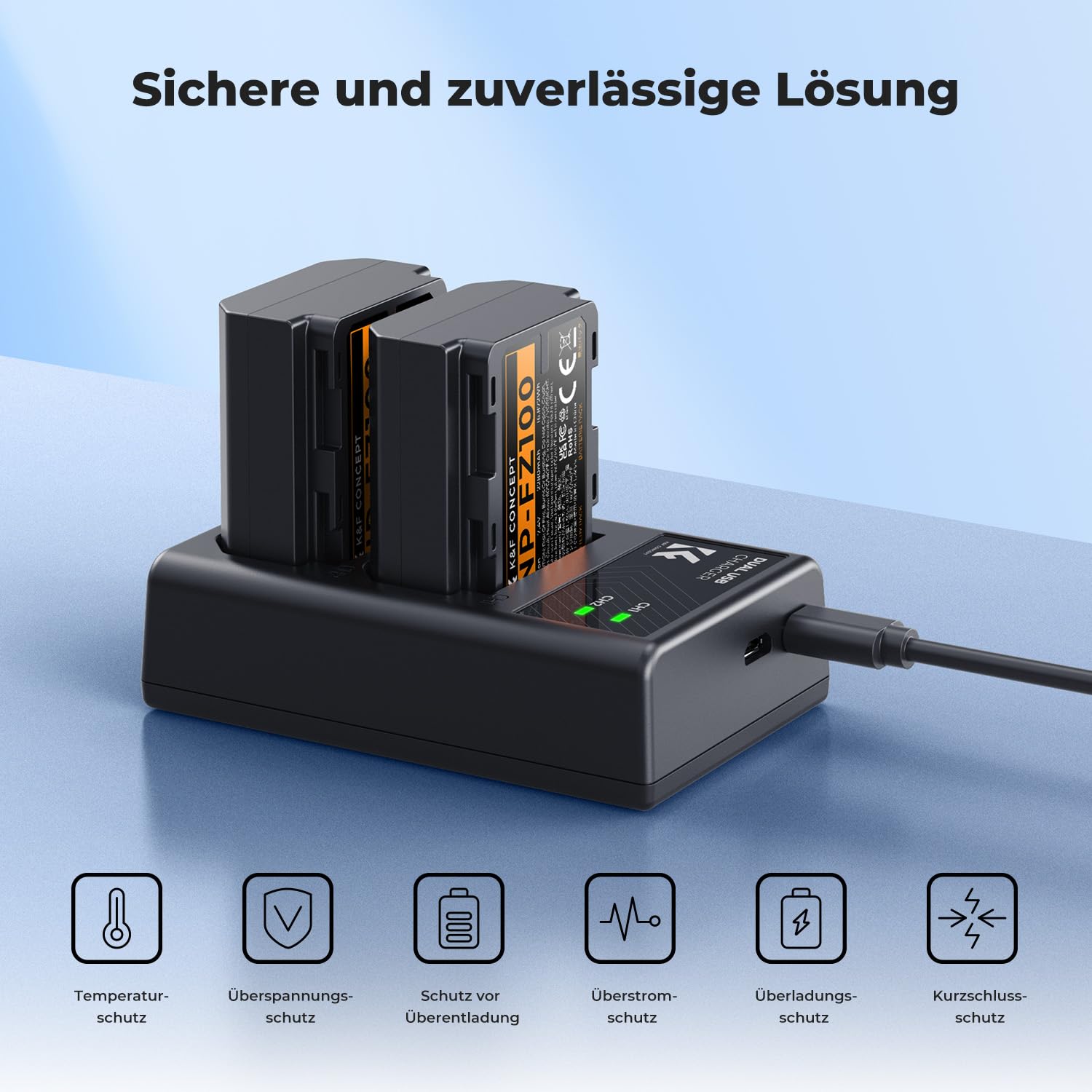 K&F CONCEPT NP-FZ100 Kamera Akku,2er Pack 2280mAh Kameraakku USB Dual Ladegerät für Sony Alpha 9, A9, Alpha 9R, A9R, Alpha 9S, A9S, A7RIII A7R3, A7 III, A7R4, A7RIV ZV-E10ii Digitalkameras