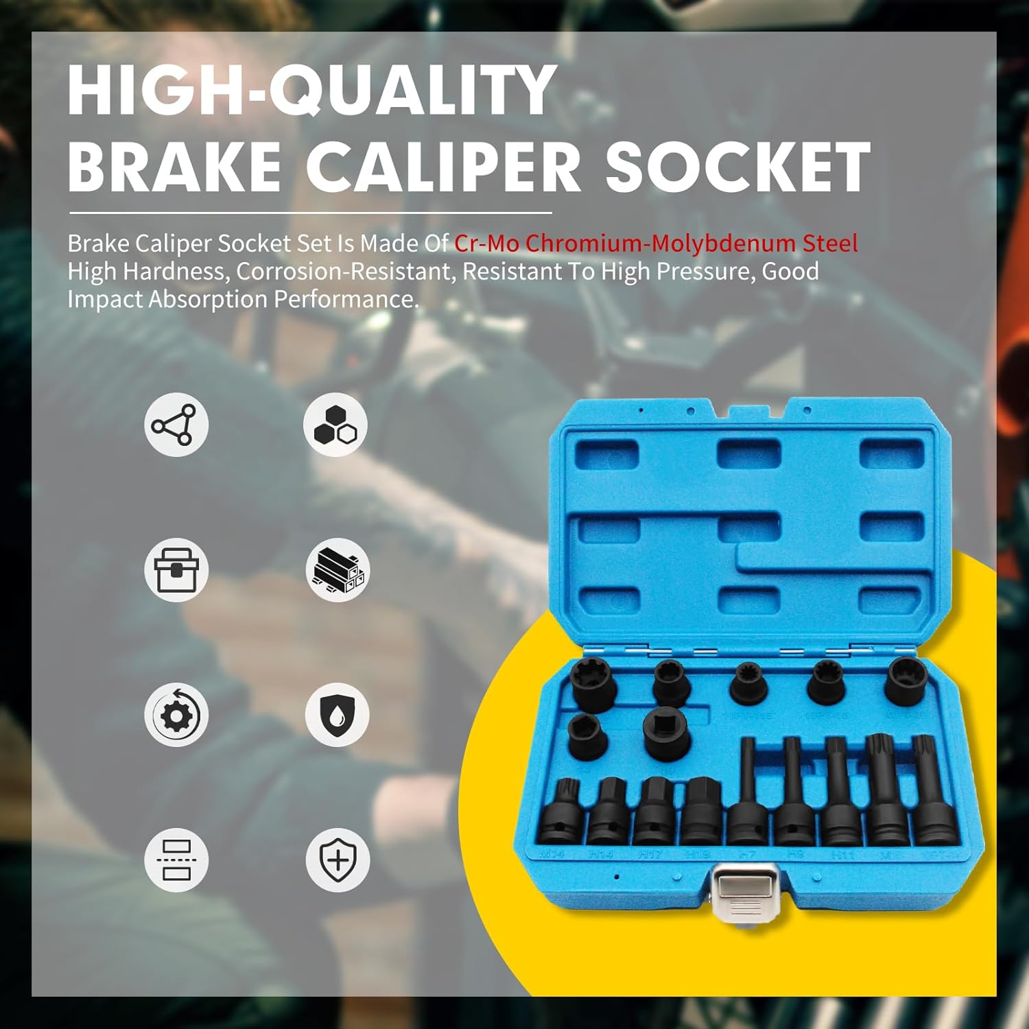 16PCS Impact Brake Caliper Socket Set, 1/2" Square Drive Brake Caliper Tool, High Torque 1/2" Drive Brake Adjusting Tool, Compatible with Porsche VW BMW Ford with Carrying Case & Gloves