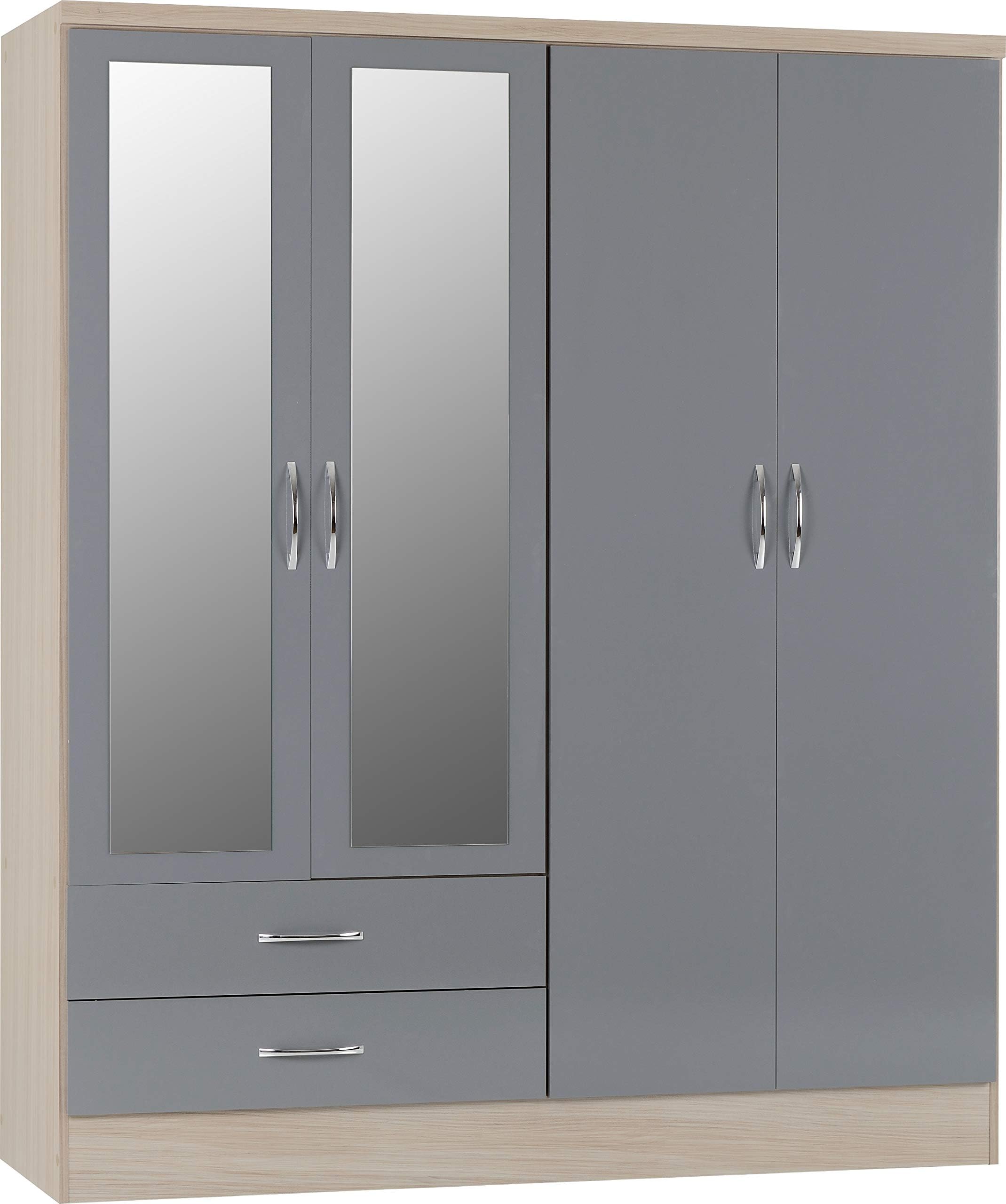 Seconique Nevada 4 Door 2 Drawer Wardrobe in Grey Gloss/Light Oak Effect Veneer, Oak Wood