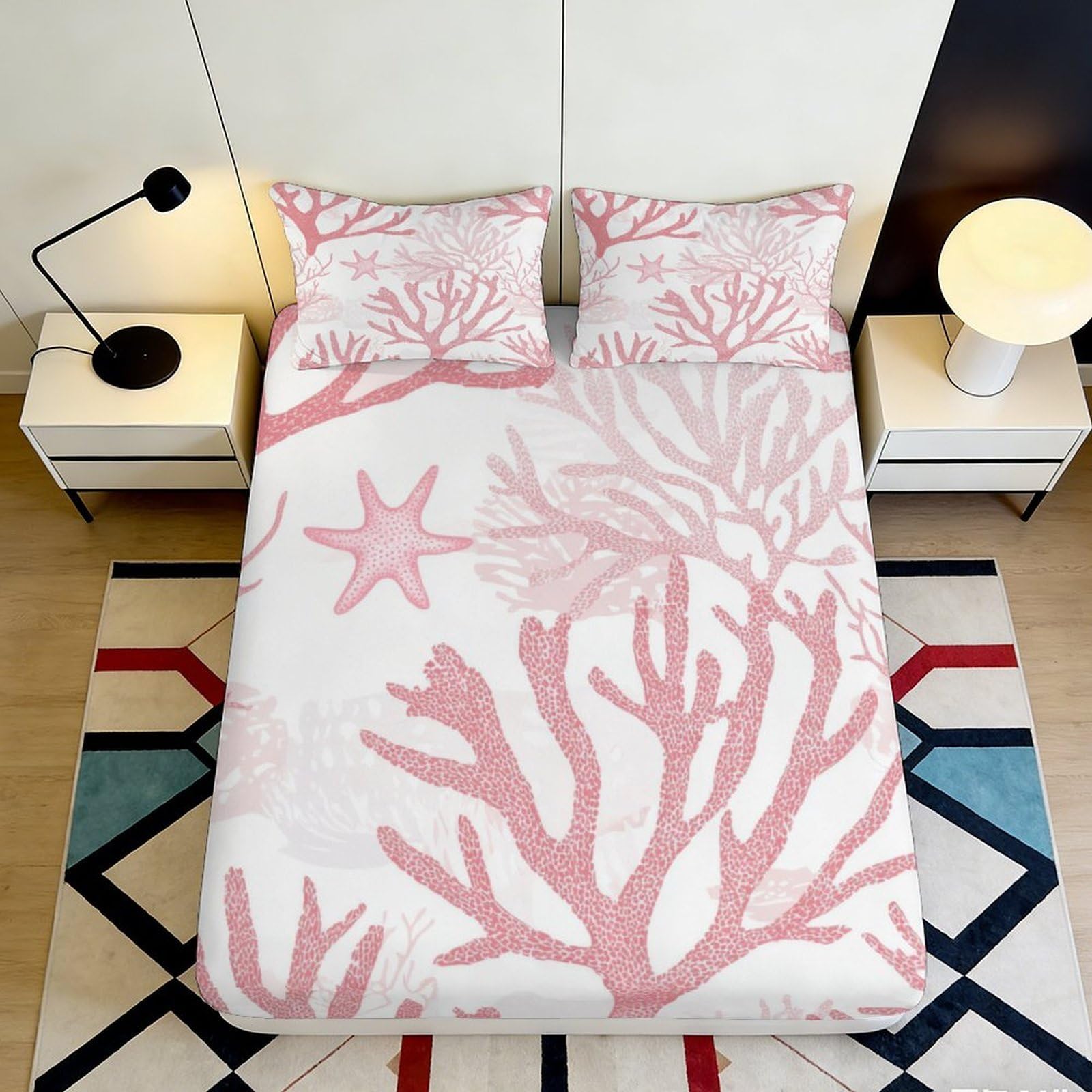 3D Printed Coral Reef Fitted Sheet Microfiber Pink Ocean Starfish Mattress Cover for Bedroom Guest Room Decor 90x200x25cm