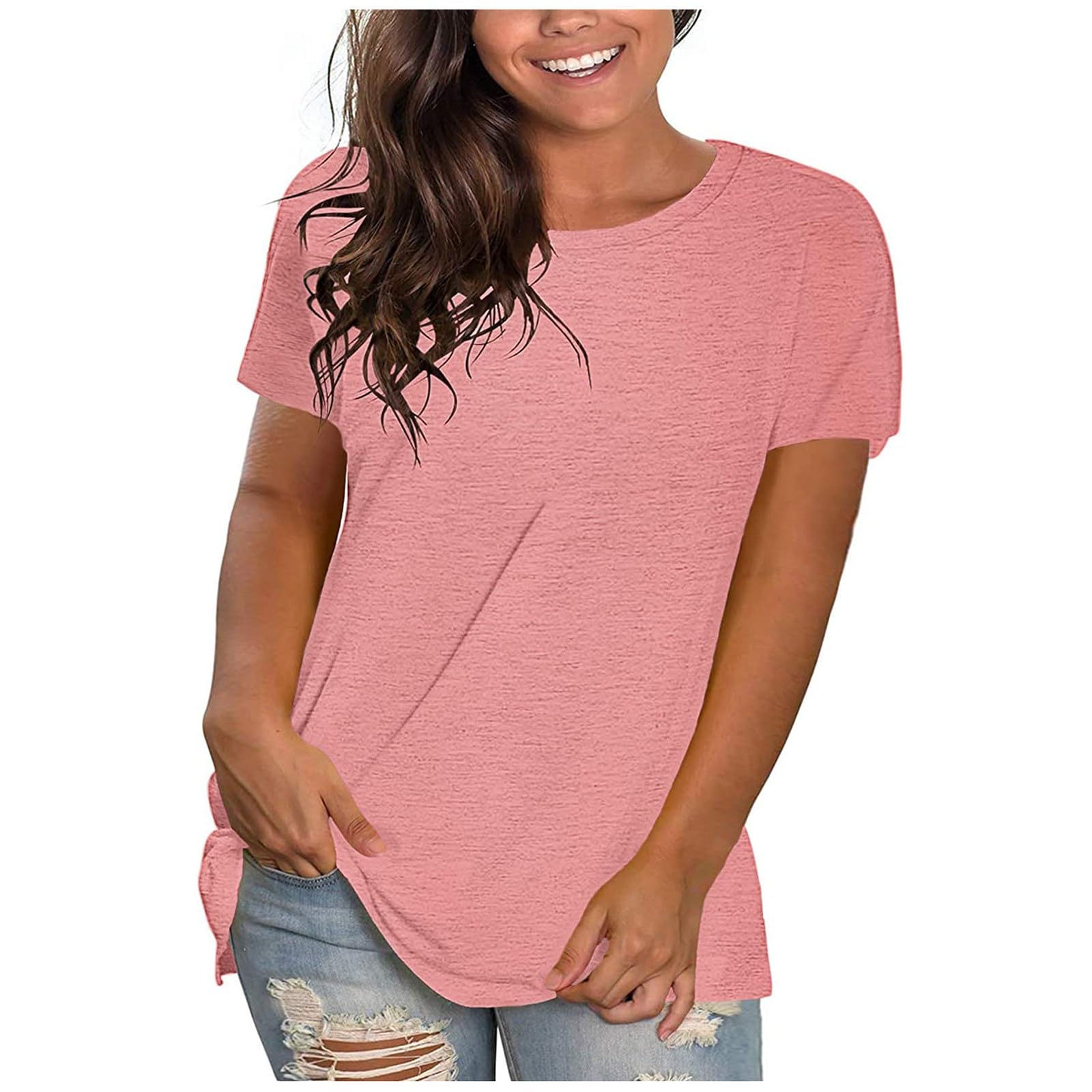 HAOLEI Tallas Grandes Camisetas Manga Corta Mujer,Moda Color Solido Camiseta Mujer Verano de Cuello en Redondo Corte Suelto Pullover T-Shirt para Mujer Multicolor Blusas Mujer Verano 2024
