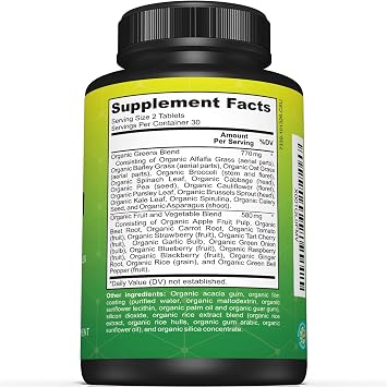 Sunergetic Premium USDA Organic Greens Superfood Tablets Greens Superfood Powder Includes Veggies, Fruits & Polyphenols Daily Greens Superfood Powder Supplement 60 Greens Tablets
