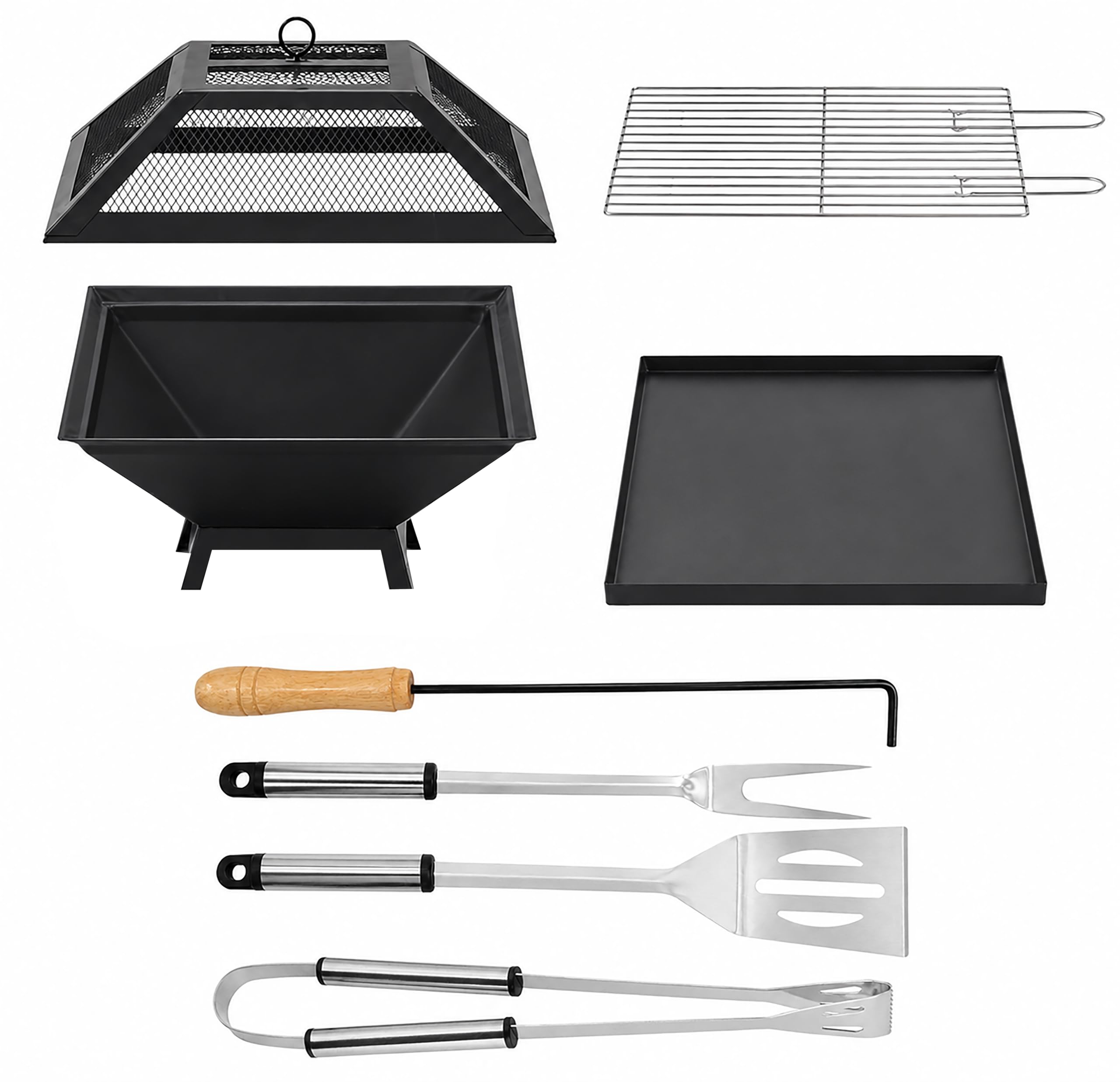 Garden Mile® - Grande braciere in metallo verniciato a polvere, colore nero, barbecue da esterno, braciere/stufa da giardino, quadrato
