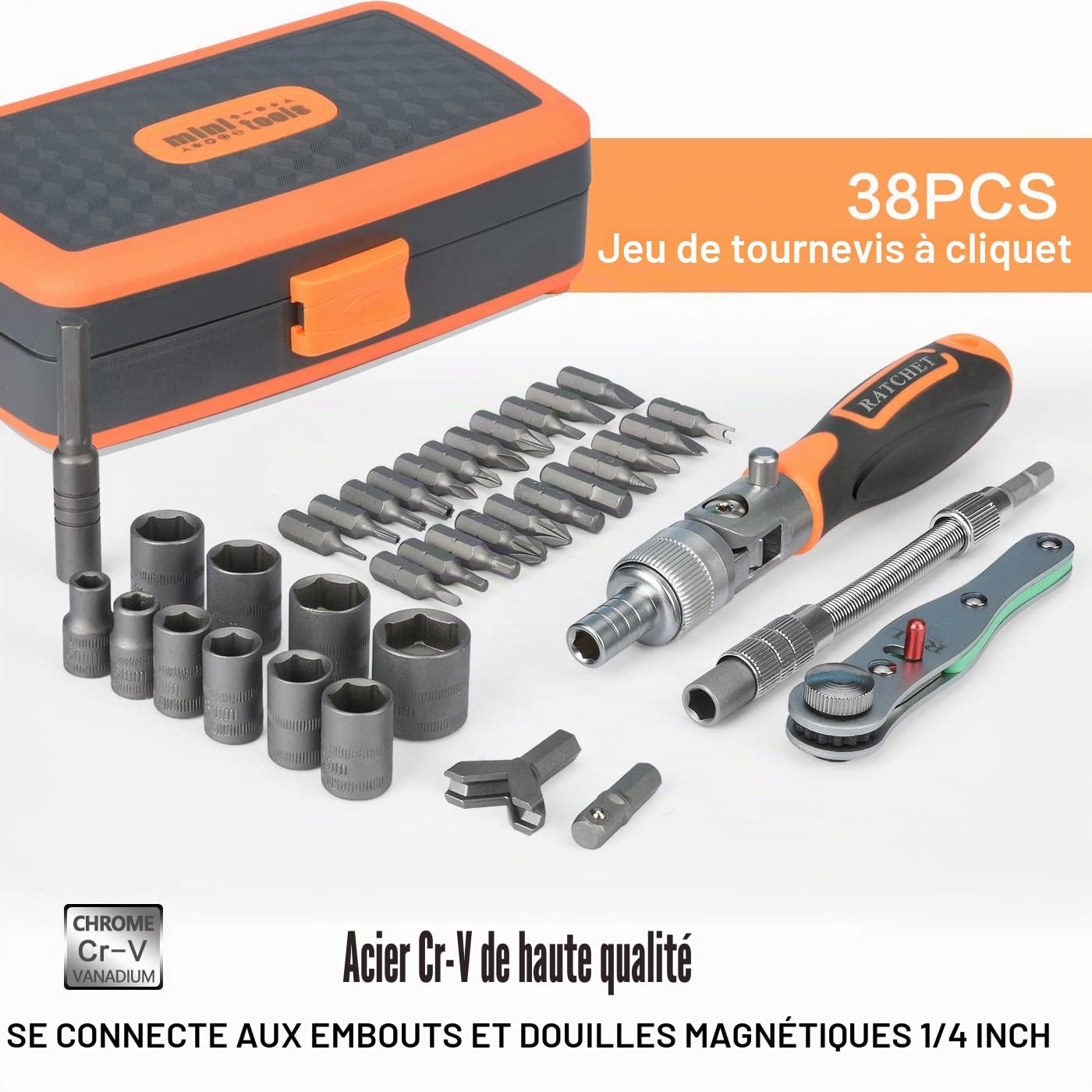Jeu Douilles et d'embouts 38pcs 1/4", d'outils à tournevis à cliquet - Coffret à cliquet - Petit jeu d'embouts
