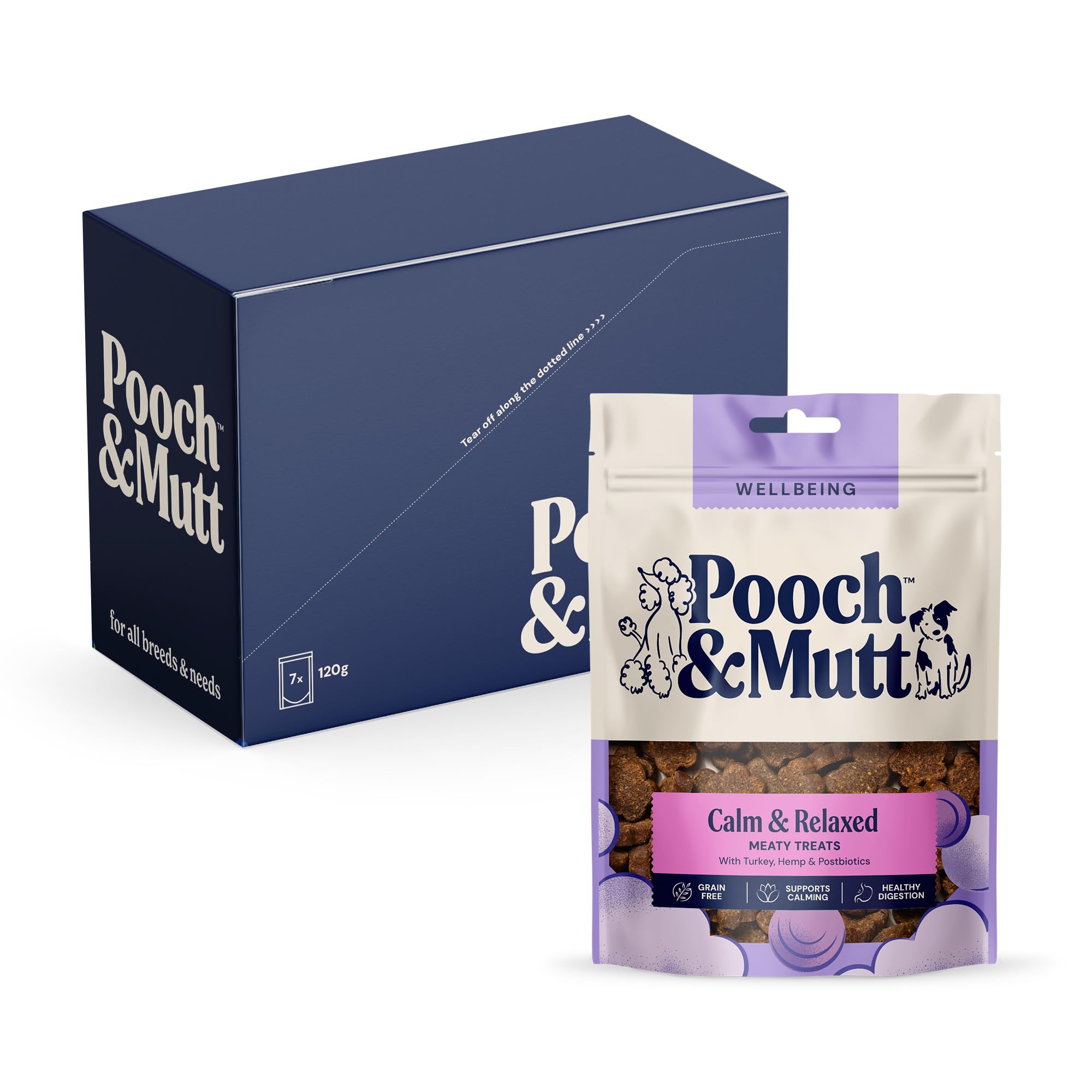 Calming Meaty Treats, Dog Treats Grain Free, for Calming Hyperactive or Anxious Dogs, Turkey & Hemp, Pack of 7x120g (packaging may vary)