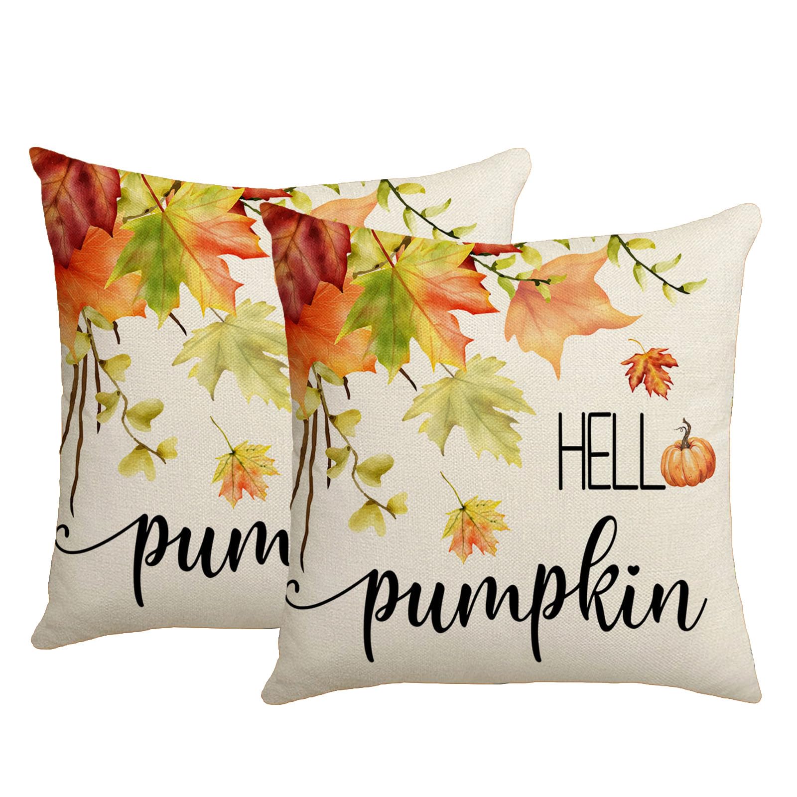 KLUSIET Fall Pillow Covers 18x18 Inch Set of 2, Pumpkin Floral Decorations Throw Pillow Covers, Throw Cushion Cover for Autumn Thanksgiving Farmhouse Sofa Decor(2pcs,A)