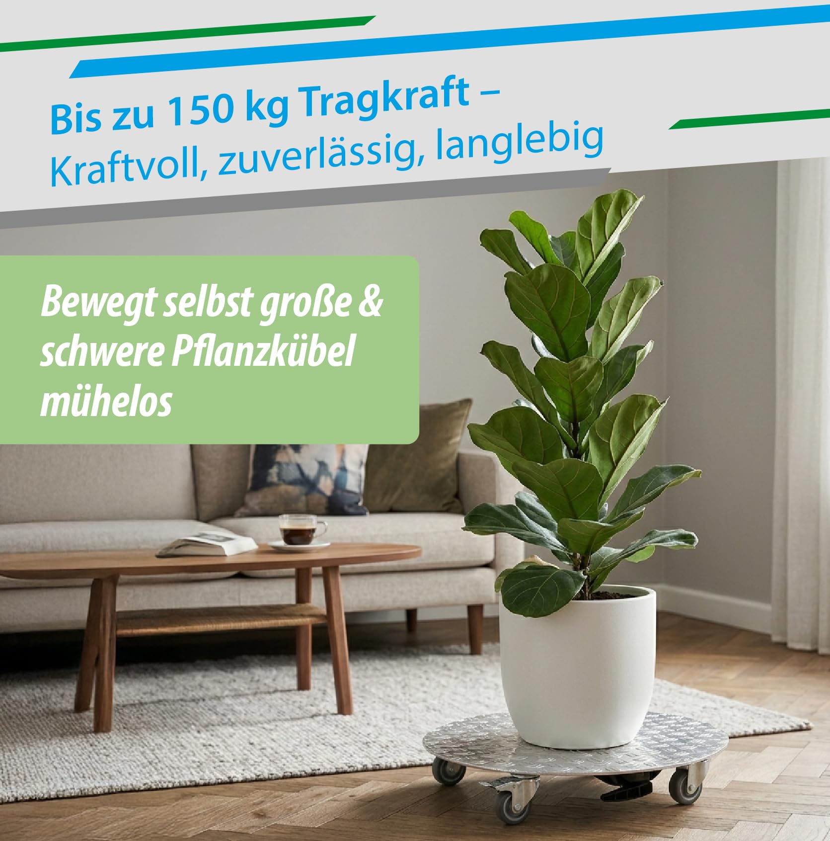 PlantMOVER Pflanzenroller mit Seilzug - 150kg Tragkraft 32,5cm rund - mit robusten Rollen - aus Aluminium-Riffelblech für besten Grip - Rollbrett für Pflanzen - Einfach ziehen Made in Germany
