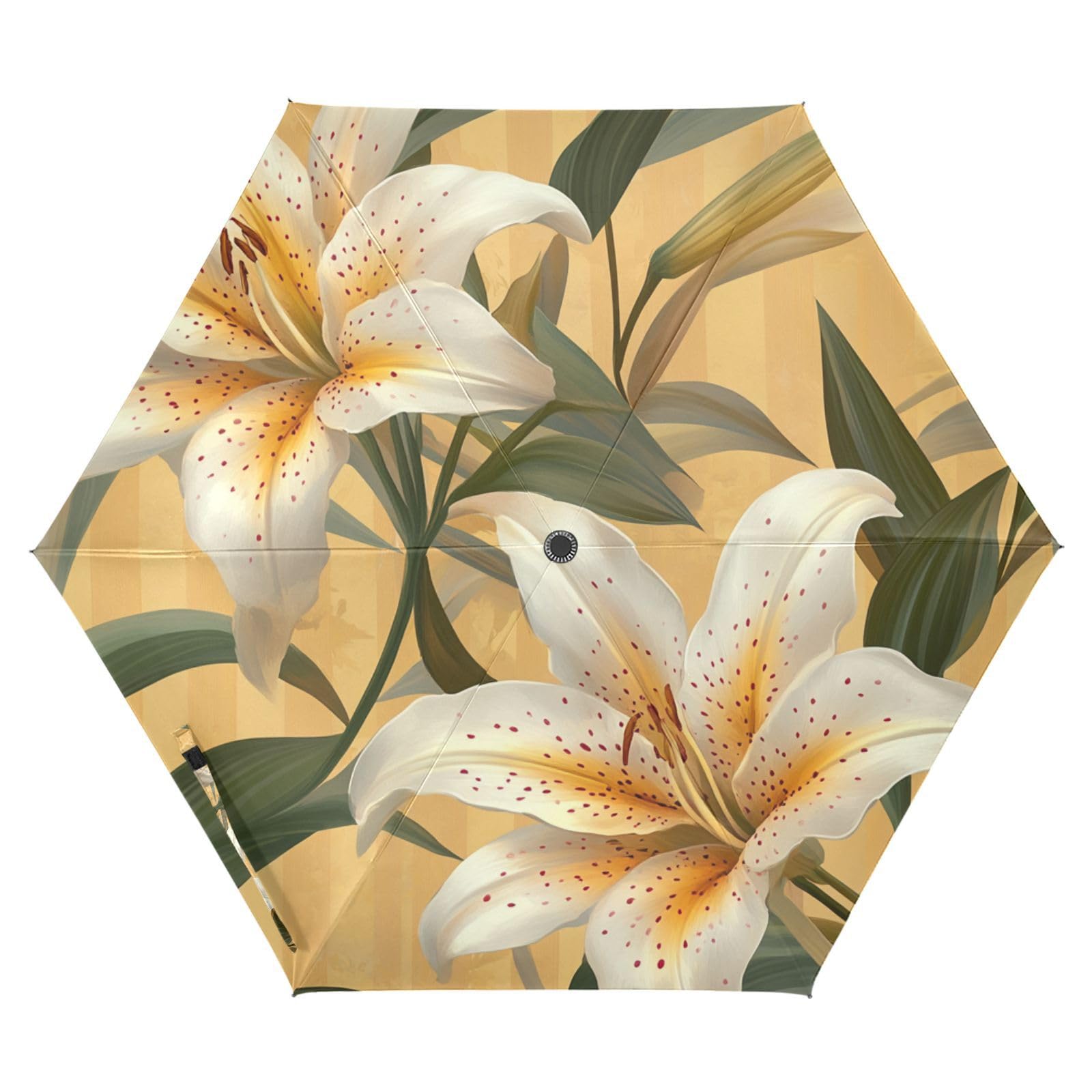 White Lily Flower Light Yellow Stripes Outdoor Umbrella 39 Inch Portable auto open close umbrellas for rain compact for Good for Car, Golf, and On-the-Go Outdoor Defence Accessories sombrillas