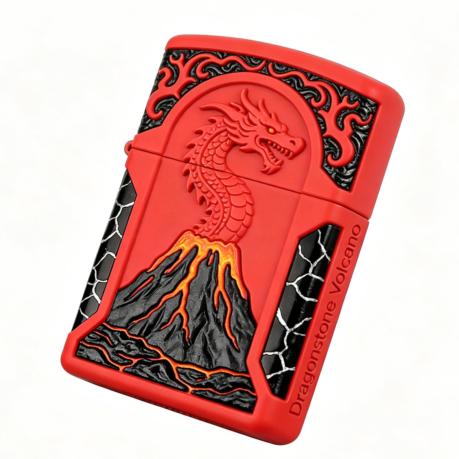 Retro Volcano Dragon Carving Kerosene Lighter Reusable Flip Top Fire Lighter With Windproof Holes for Camping Hiking (B)