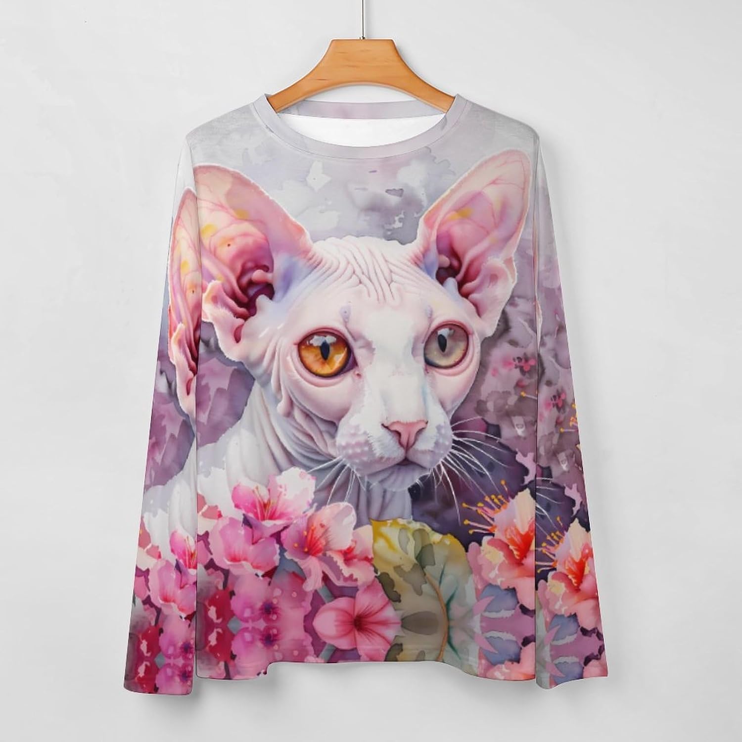 Watercolor Sphynx Cat Flowers Women's Pajama Top Sleepwear Pajamas Sleep T-Shirt Long Sleeve Shirt Crewneck Tee