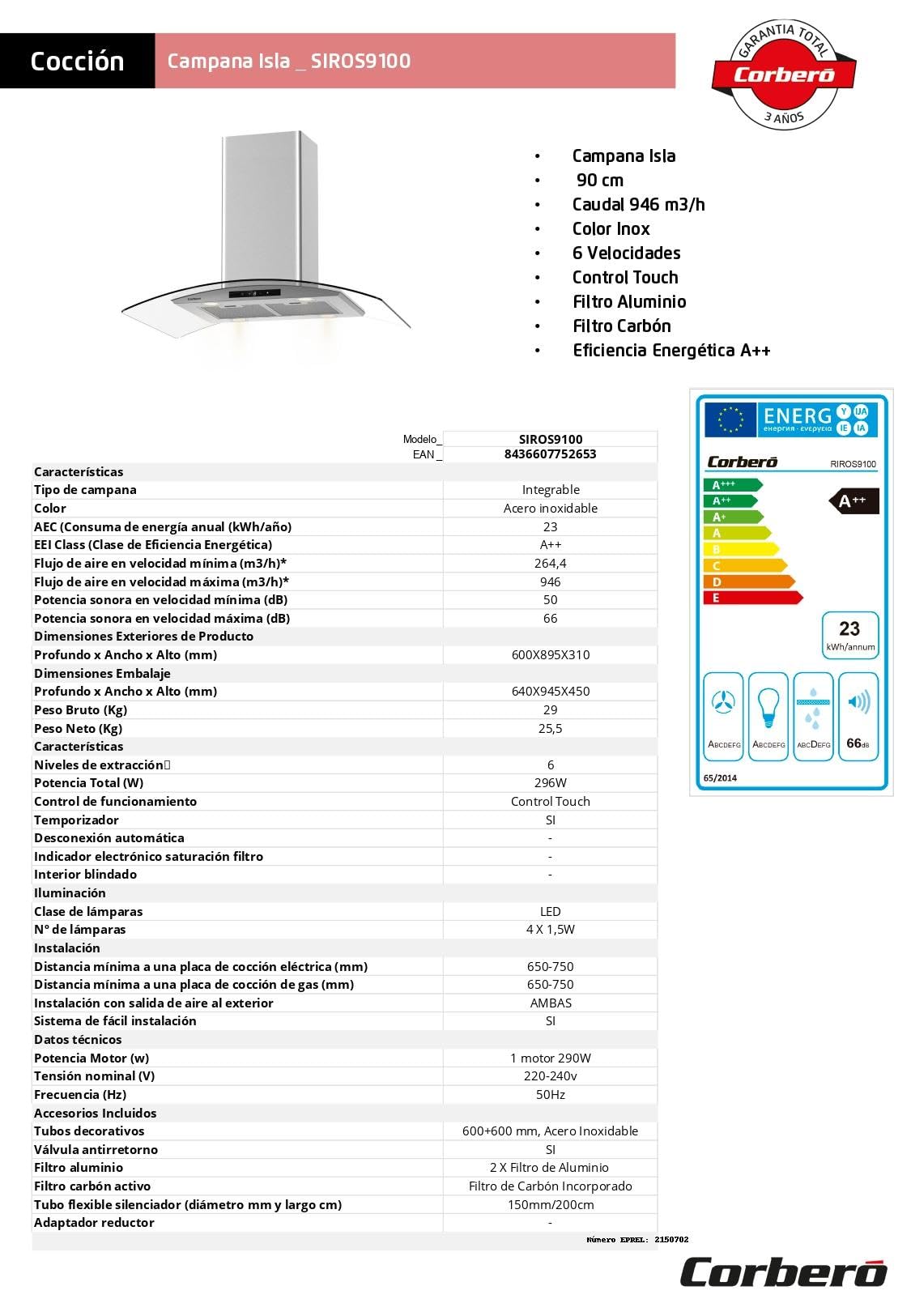 Cappa isola, 90 cm, portata 1000 m3/h, Inox, 3 velocità, filtro alluminio 3 strati, filtro carbone, efficienza energetica A++