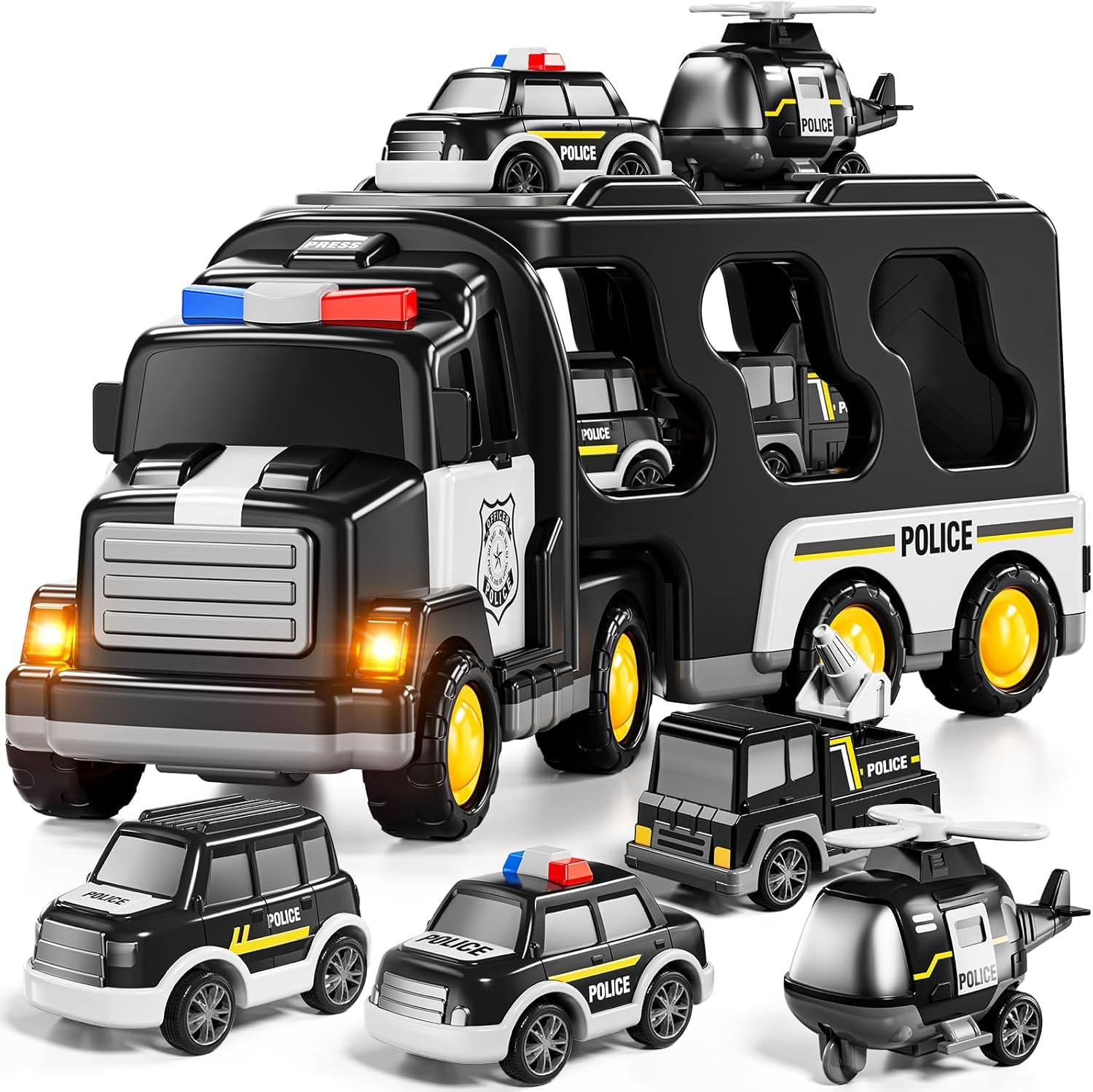 Kidology 5-in-1 Friction-Powered Police Truck Toy Set with Music – Montessori Educational Transport Carrier Vehicle Toy for Boys & Girls, Fun Birthday Gift for Kids Ages 3+
