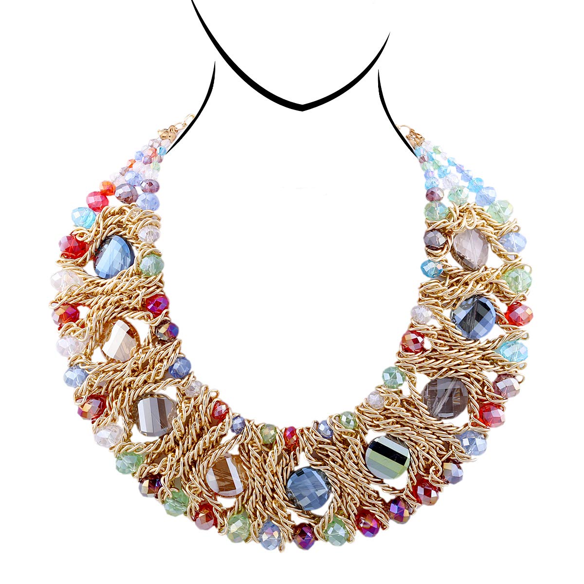 HANTON Crystal Beads Choker Necklace for Girls & Women Strands Chunky Bib Statement Necklace(Bracelet Set) Jewelry Set 3 Colors, The Length: 17Inches, crystal