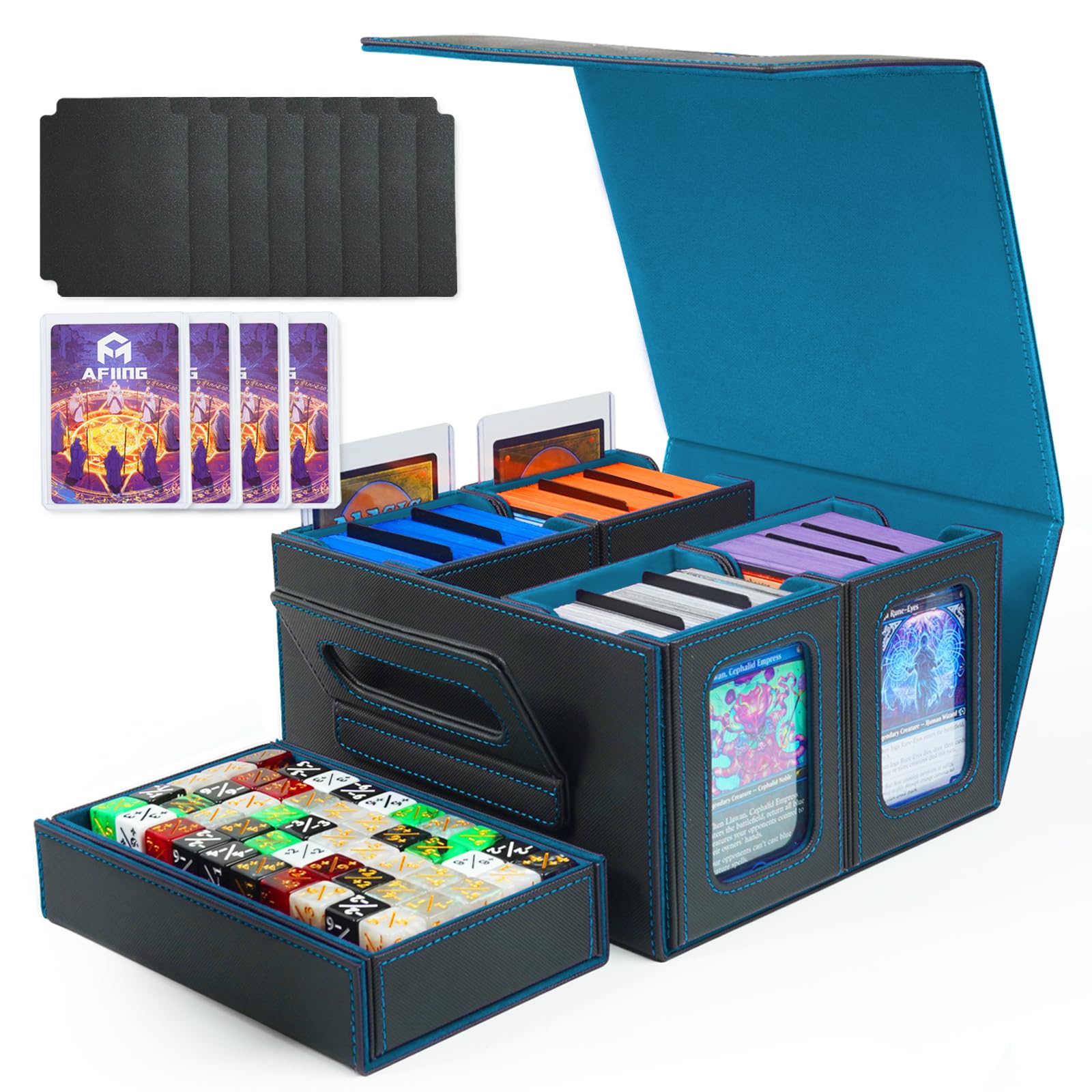 AFIING Commander Deck Box for MTG, Holds 400+ Double-Sleeved Cards, 5-in-1 Trading Card Storage Box with 4 Removable Deck Cases, Dice Tray & Handle (Cyan)