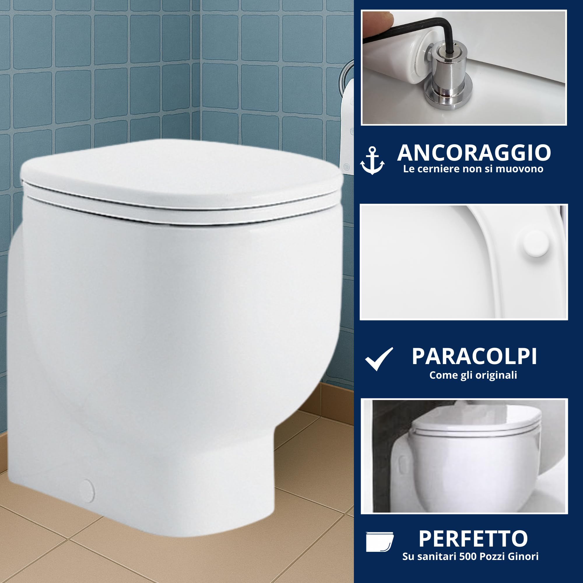 HYDRO HOME Copriwater Compatibile con Pozzi Ginori 500, Tavoletta WC Termoindurente Antibatterica, Sedile WC con Cerniere Fissaggio dall’Alto Chiusura Classica, Montaggio rapido, Bianco